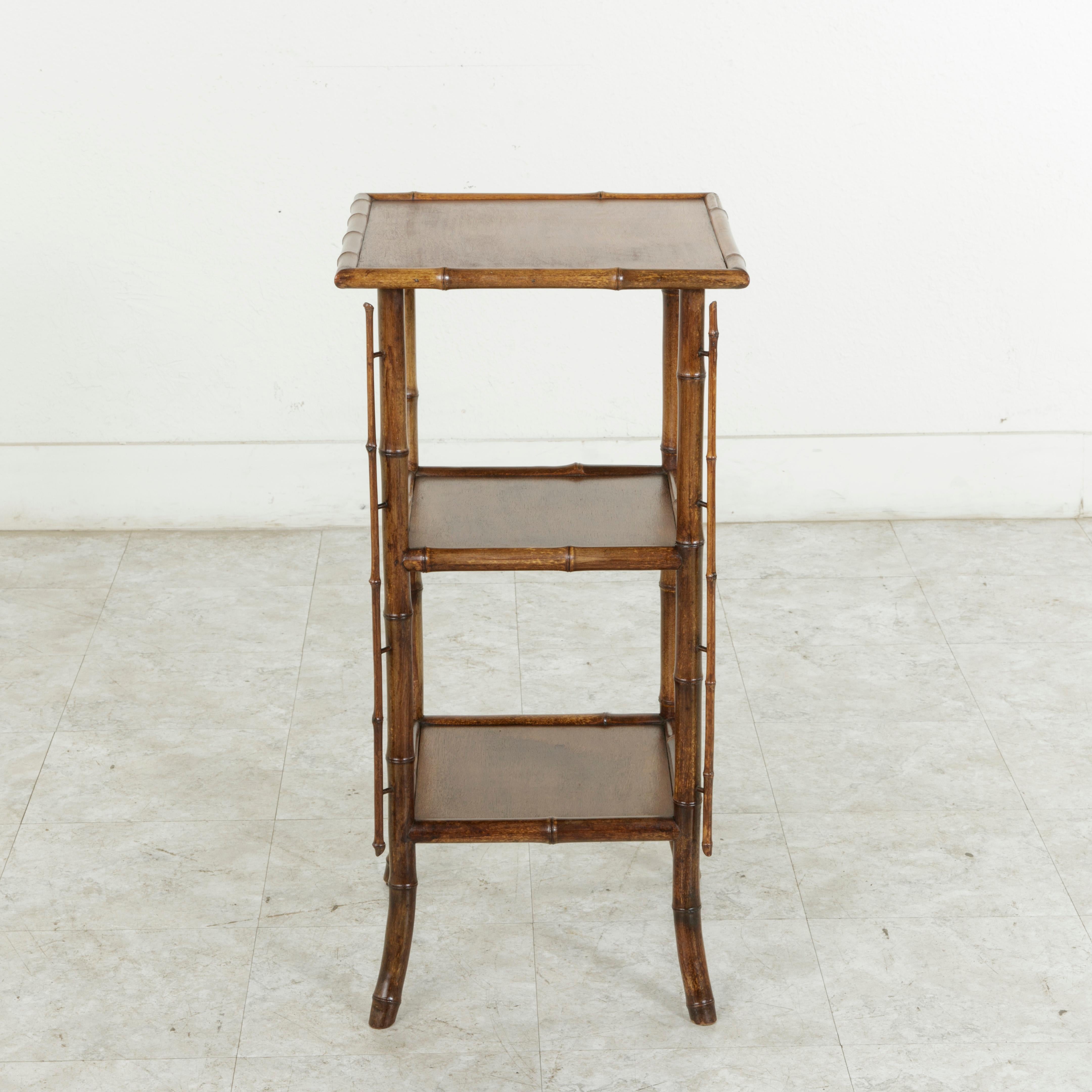 Early 20th Century French Bamboo Fern Stand or Side Table with Three Mahogany Shelves, circa 1900