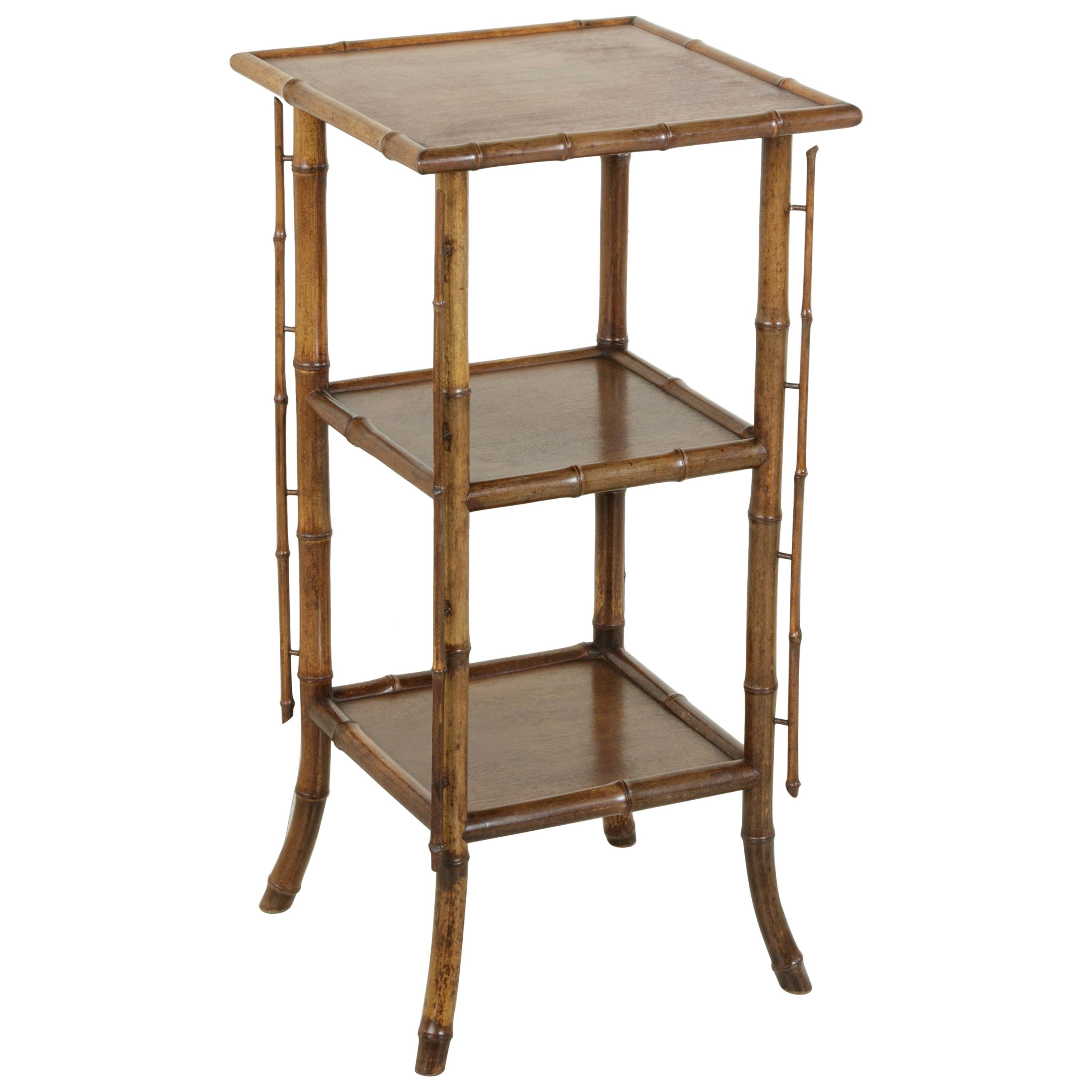 French Bamboo Fern Stand or Side Table with Three Mahogany Shelves, circa 1900