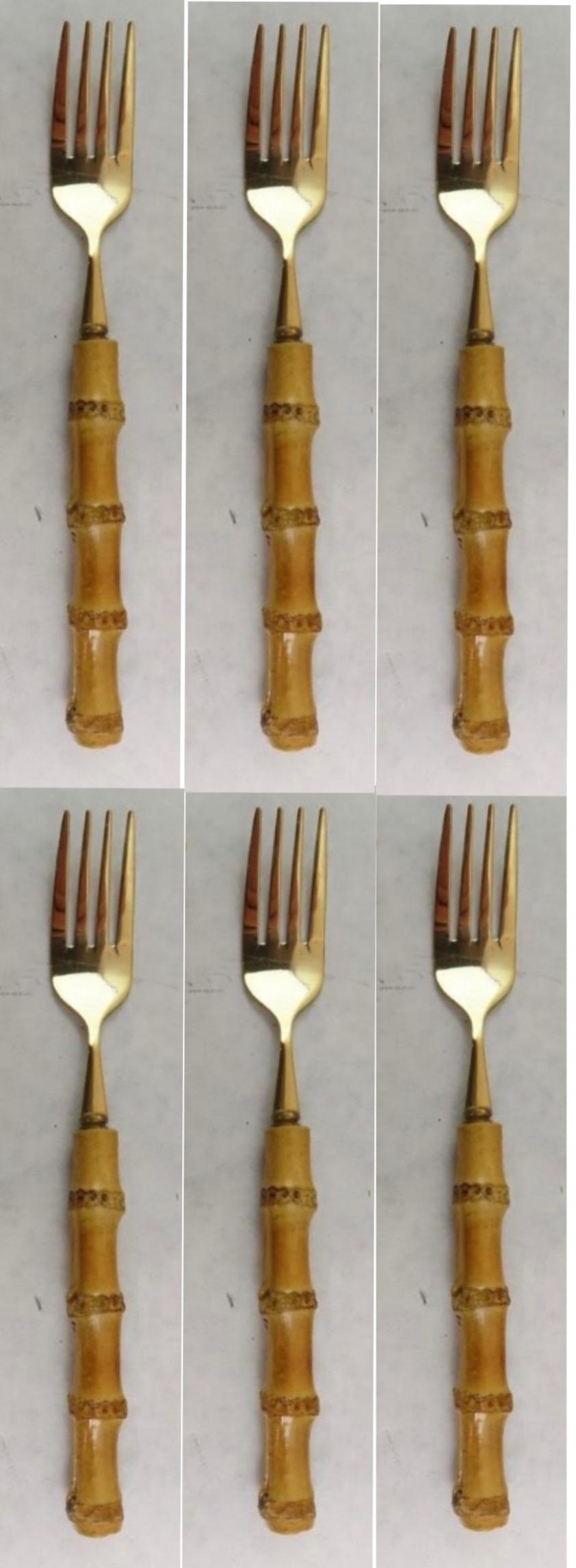 Natural Bamboo & Gold Washed Stainless Steel Cutlery - (6) Four piece place settings, twenty four pieces in all.  A French classic.  Hand Made of 100% natural Bamboo and gold-washed 18/10 Stainless Steel.

Six Dinner Forks, 8