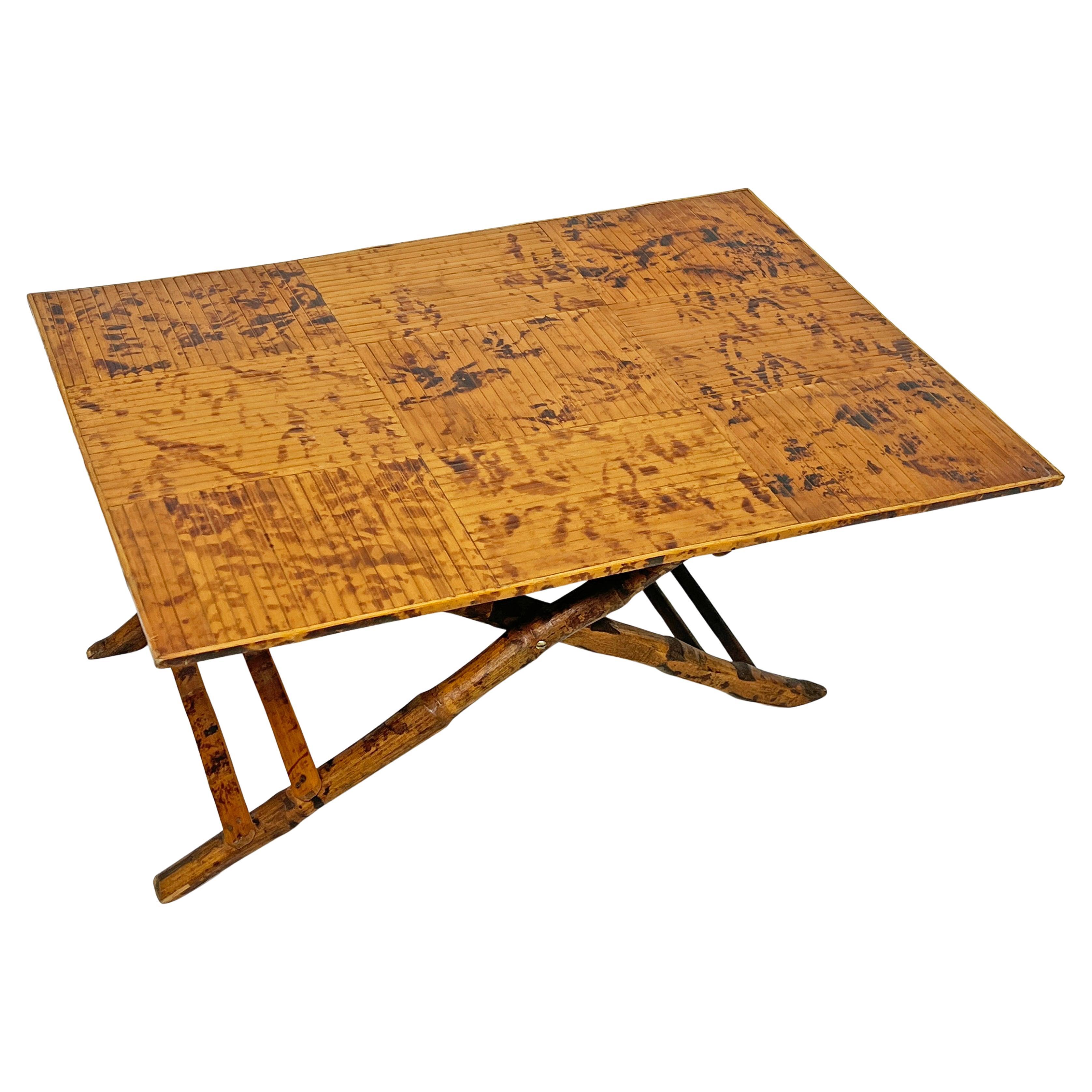 French Bamboo Folding Campaign Style Picnic or Coffee Table Circa 1950s en vente