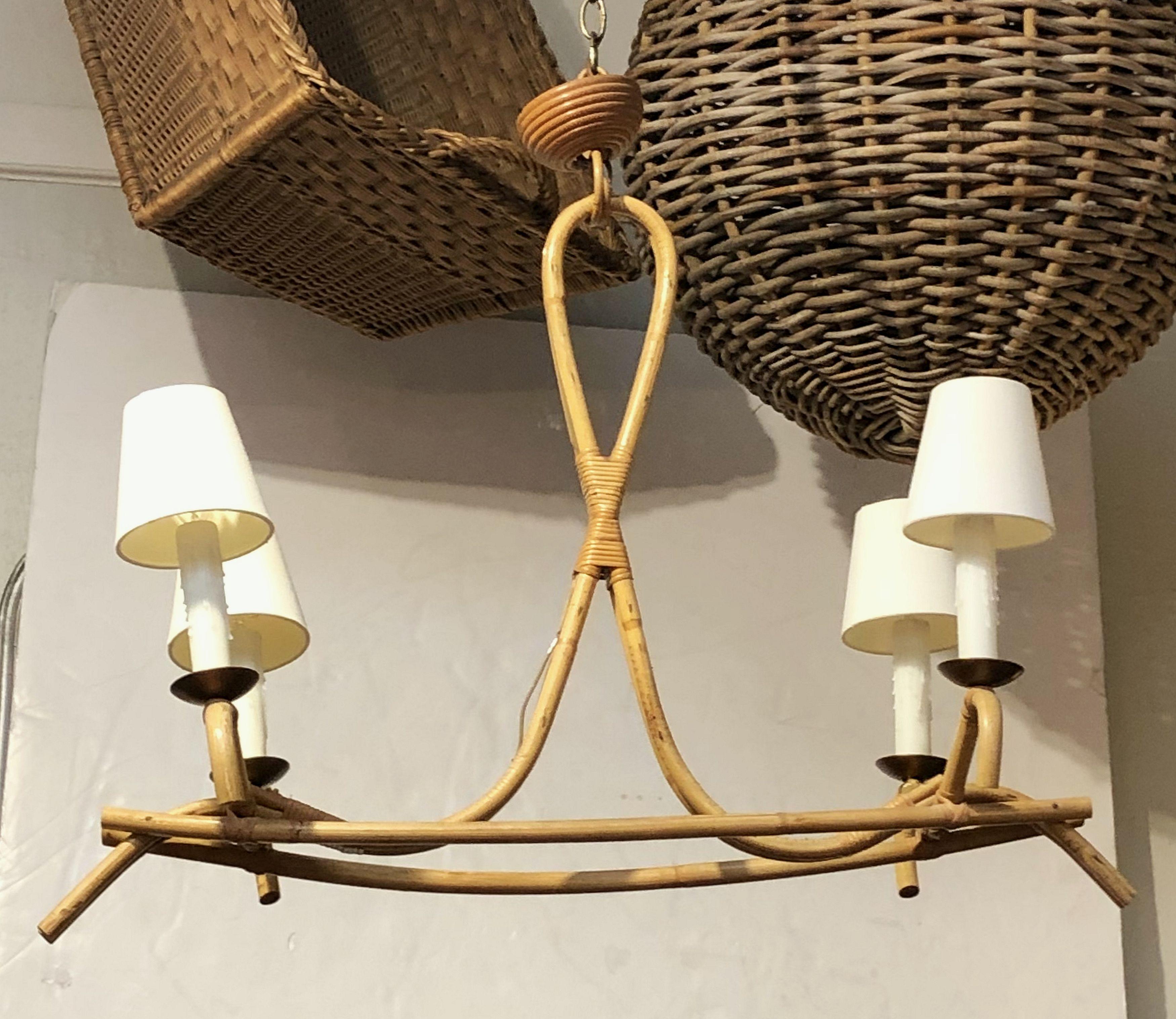 Mid-Century Modern French Bamboo Four-Light Hanging Fixture or Chandelier 'Louis Sognot'