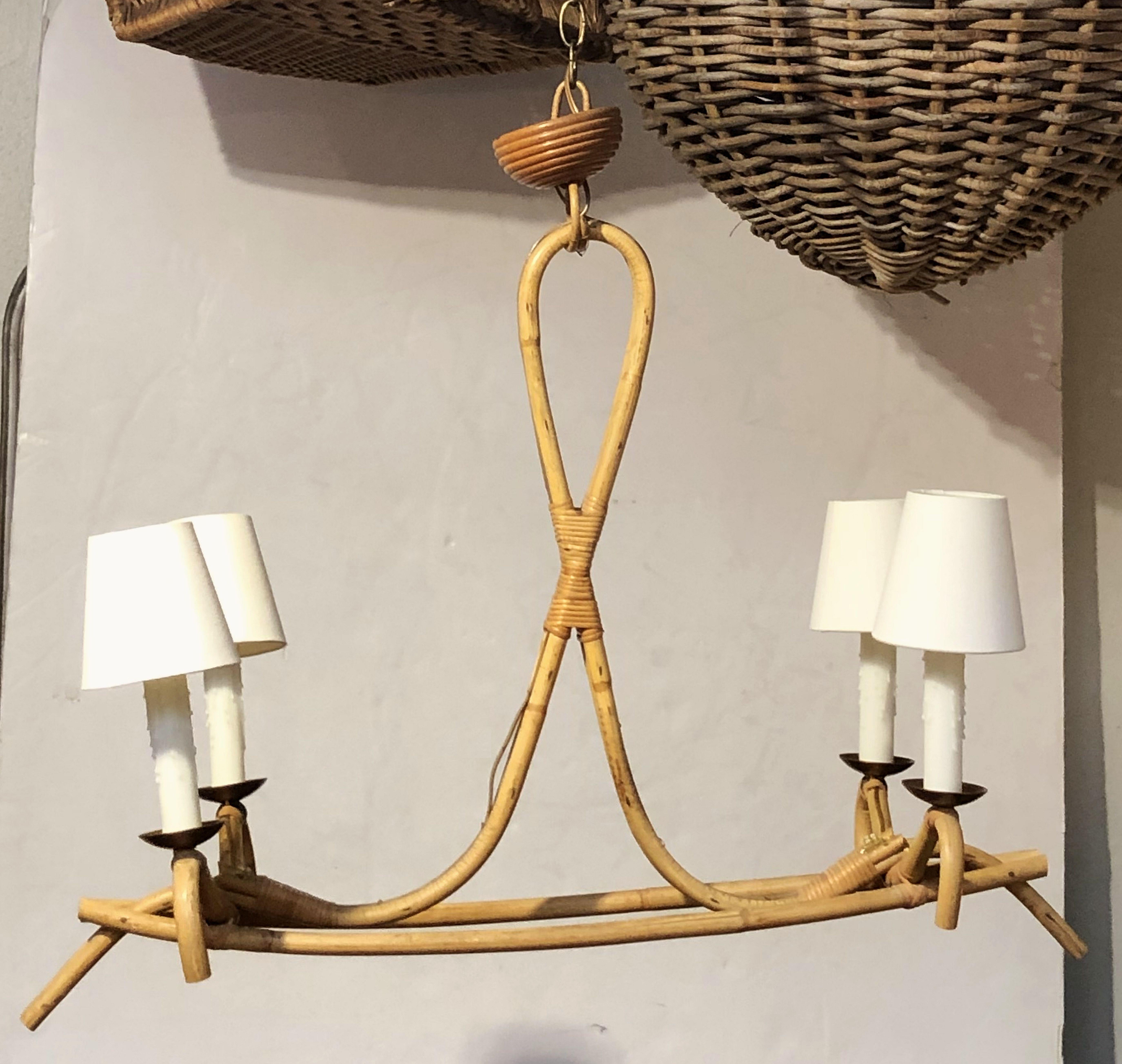 French Bamboo Four-Light Hanging Fixture or Chandelier 'Louis Sognot' In Good Condition In Austin, TX