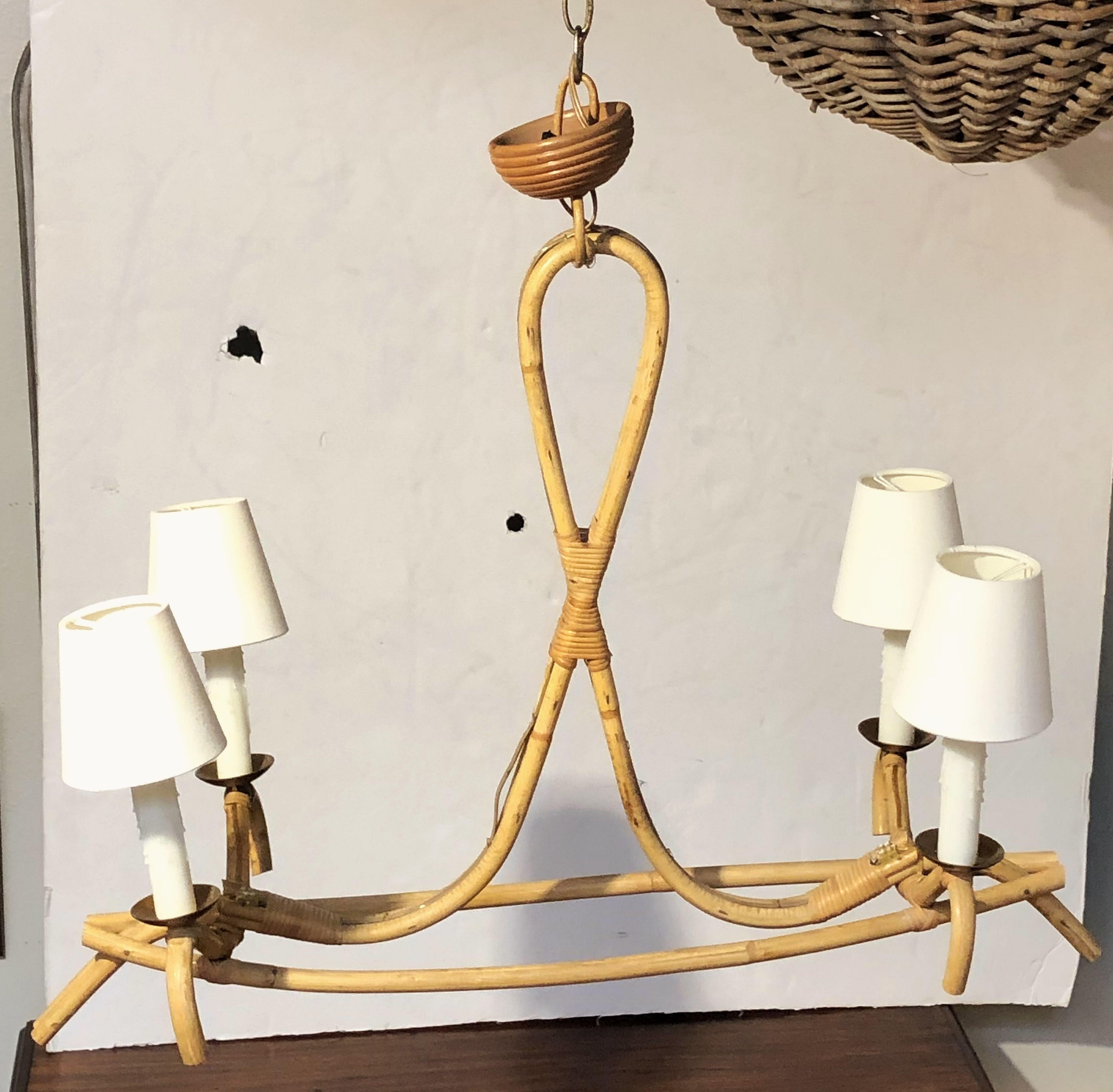20th Century French Bamboo Four-Light Hanging Fixture or Chandelier 'Louis Sognot'