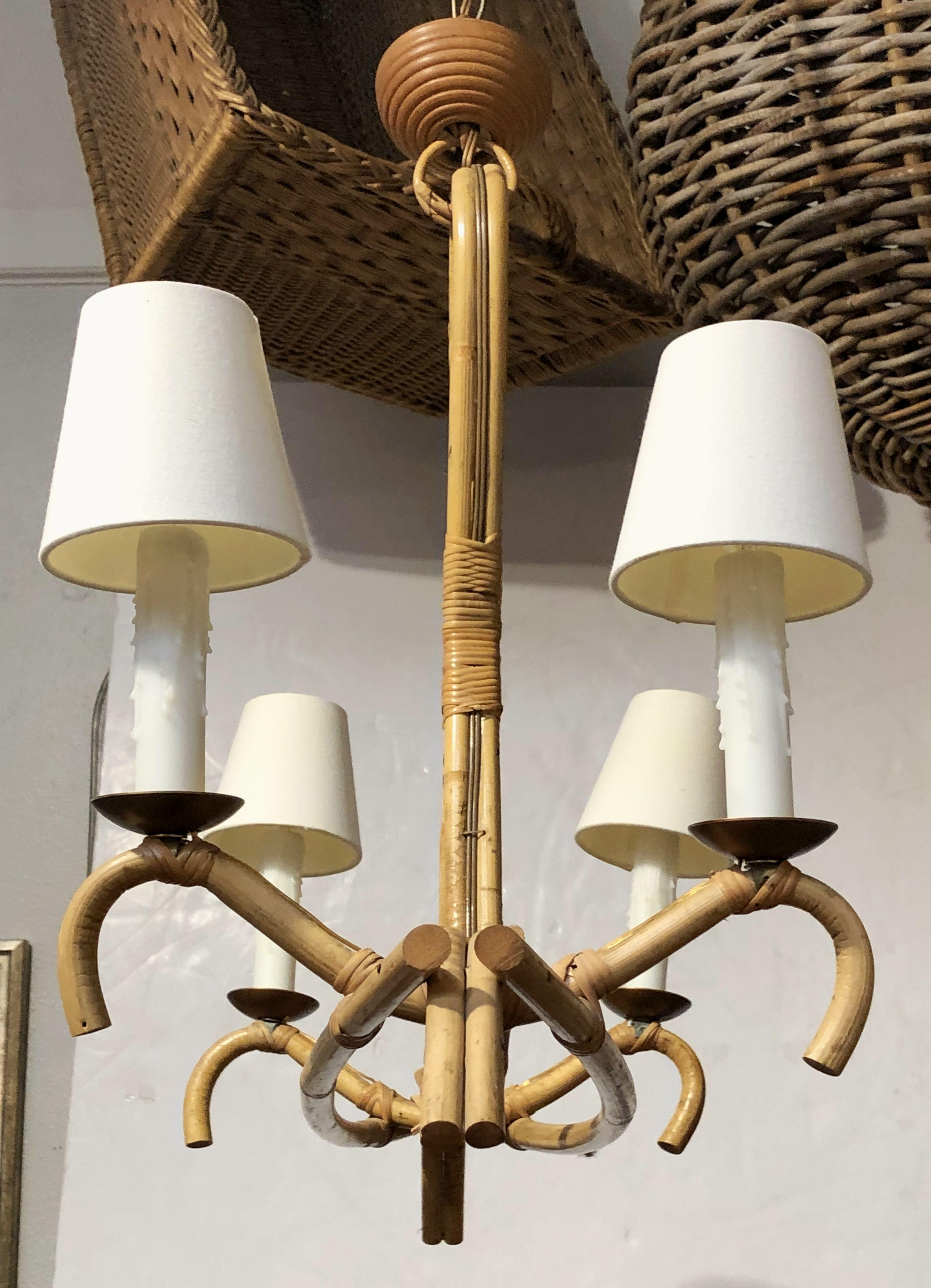 Metal French Bamboo Four-Light Hanging Fixture or Chandelier 'Louis Sognot'