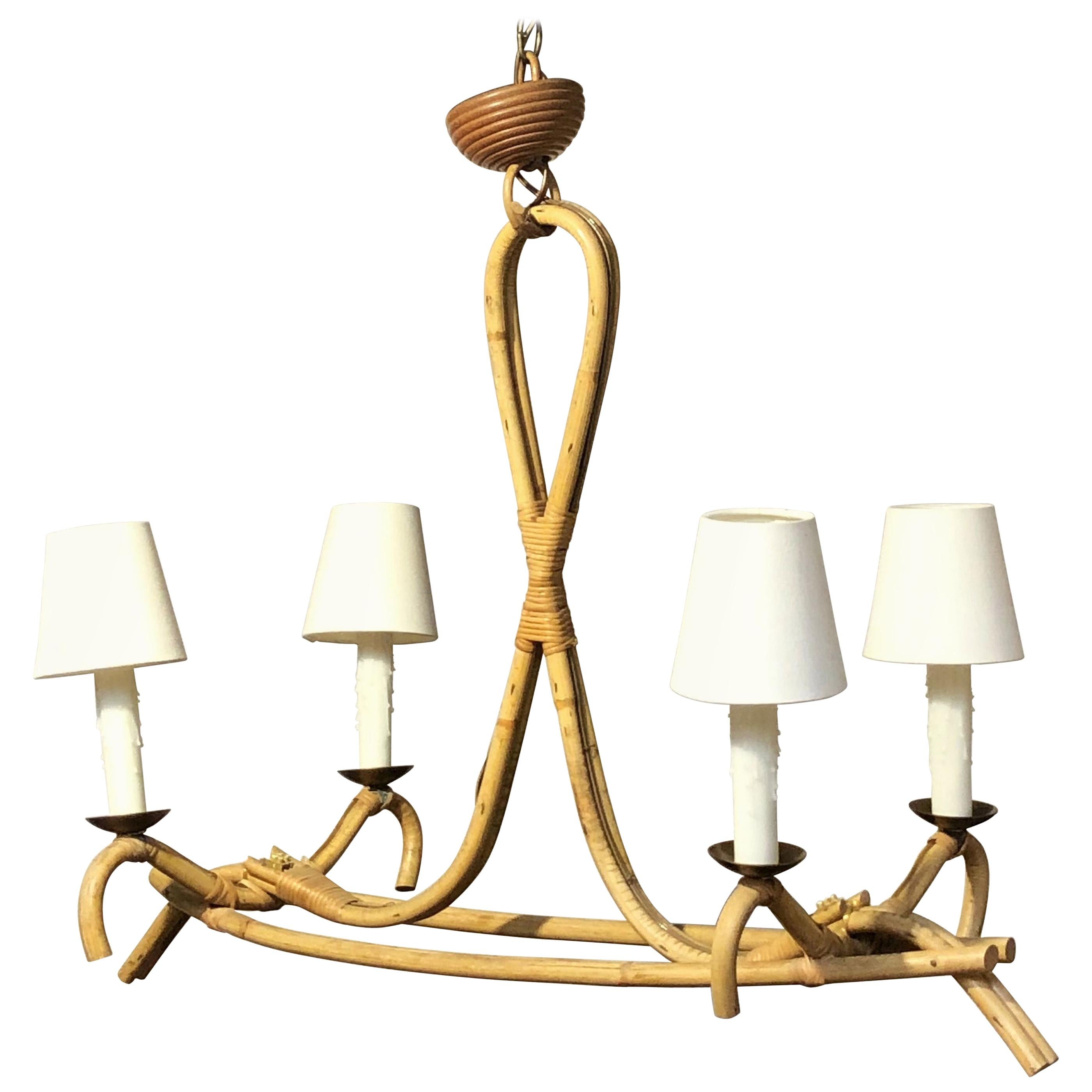 French Bamboo Four-Light Hanging Fixture or Chandelier 'Louis Sognot'