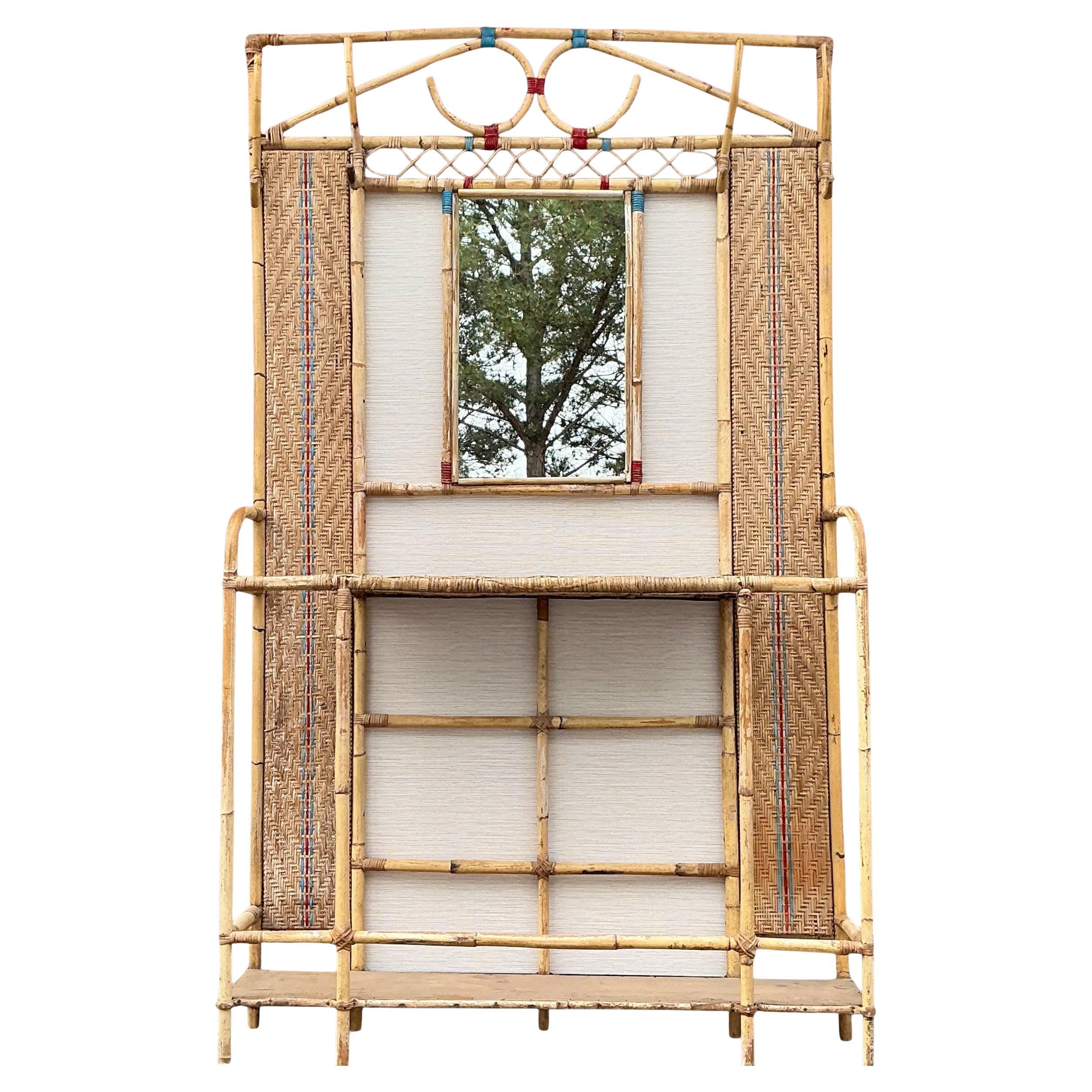 French Bamboo, Grasscloth Wallpaper & Wicker Coat Rack Or Hall Tree Or Coat Rack