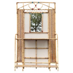 French Bamboo, Grasscloth Wallpaper & Wicker Coat Rack Or Hall Tree Or Coat Rack