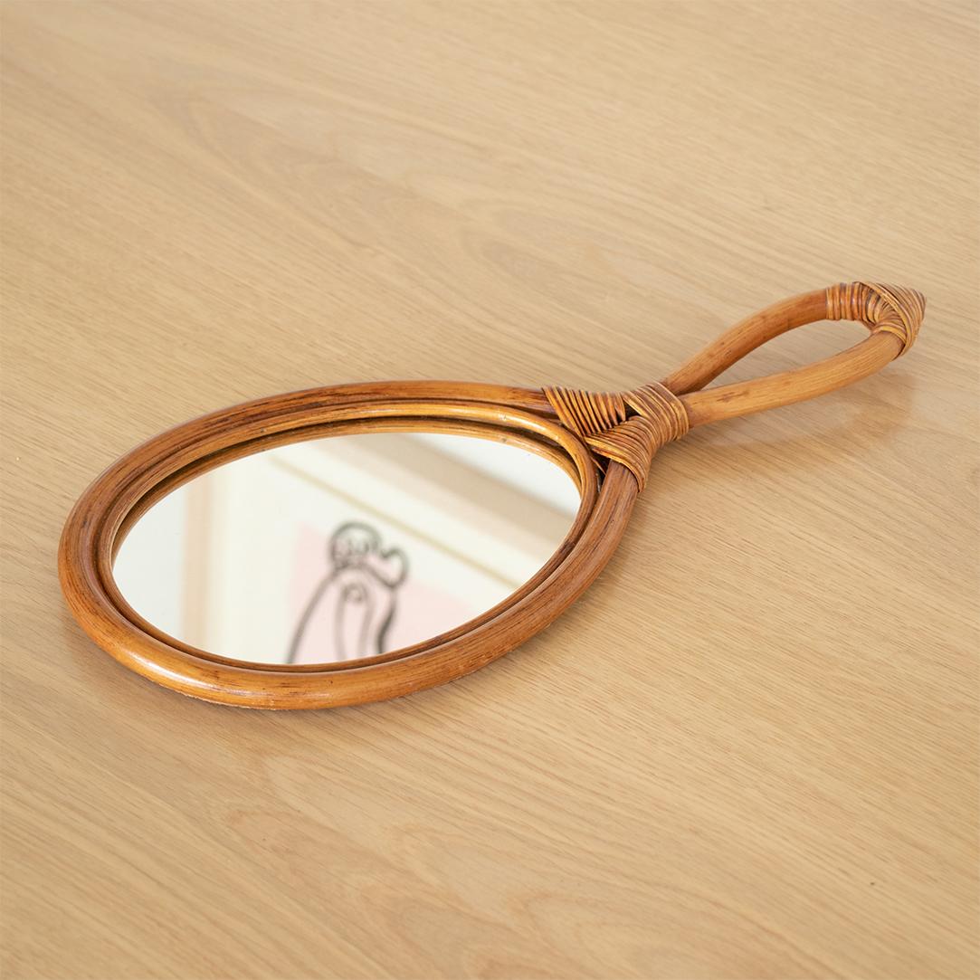 Wicker French Bamboo Hand-Held Mirror