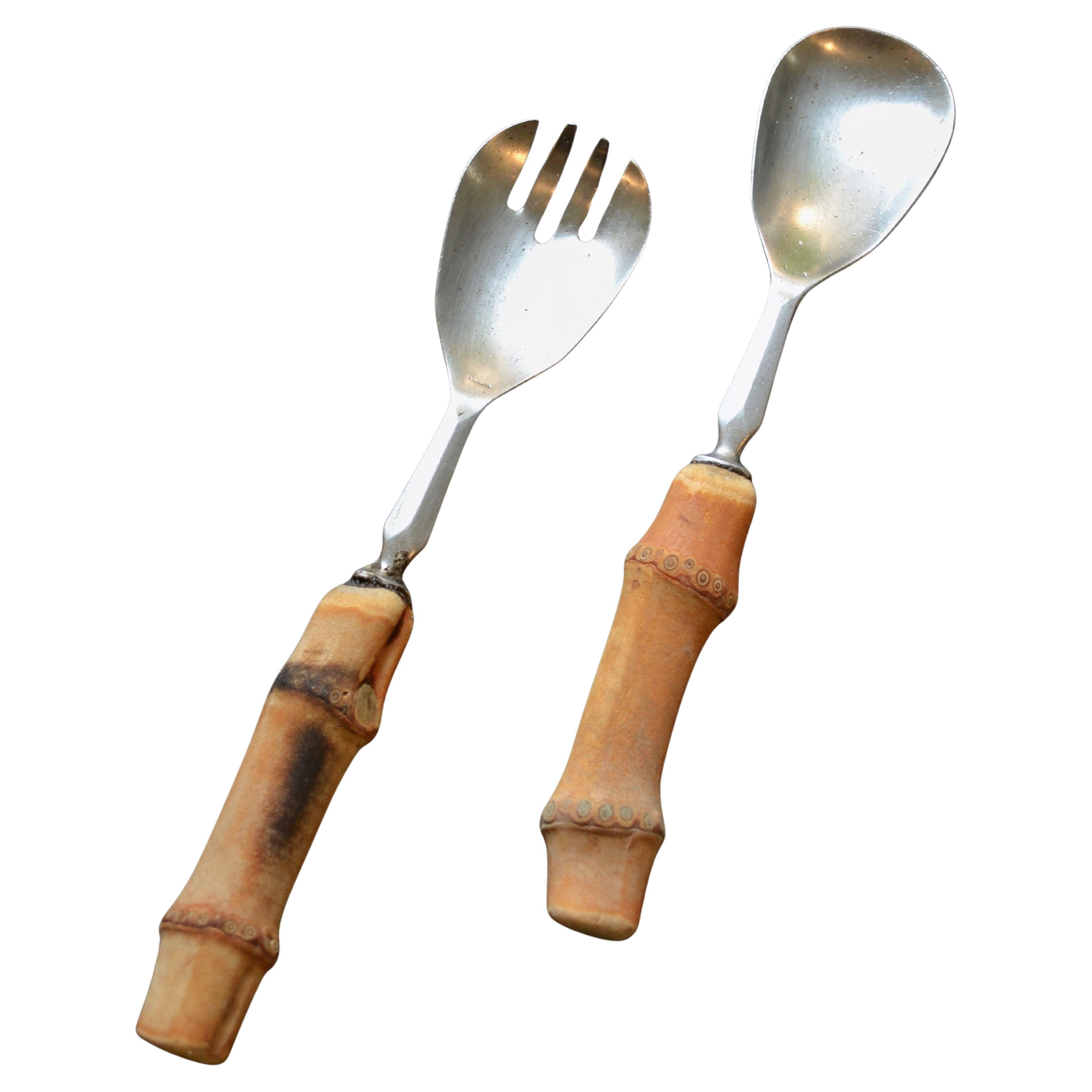 French Bamboo-Handled Serving Cutlery Set, 1950s For Sale