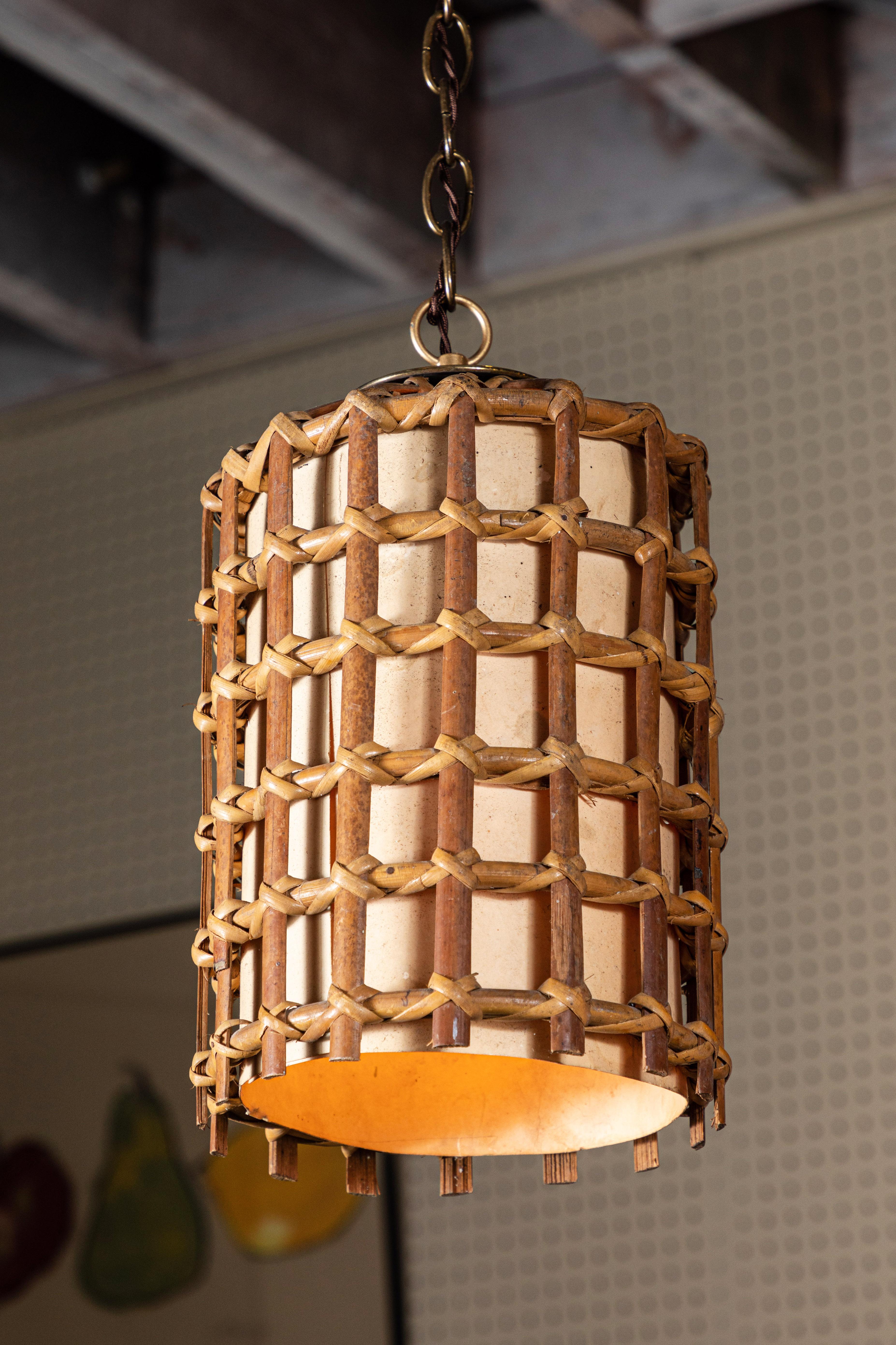 French Bamboo Lantern Pendant with Illuminated Cream Paper 1