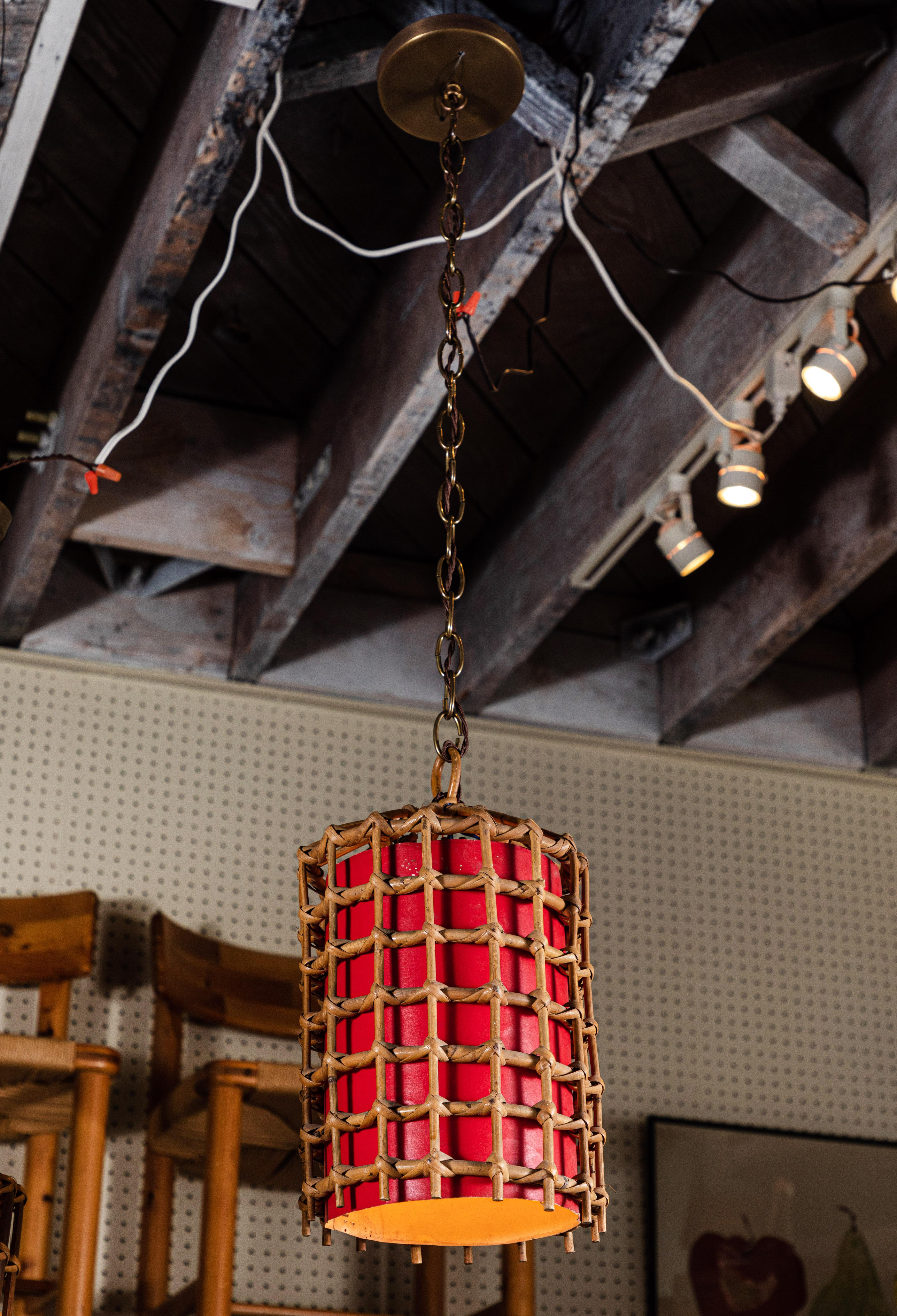 20th Century French Bamboo Lantern Pendant with Red Illuminated Paper