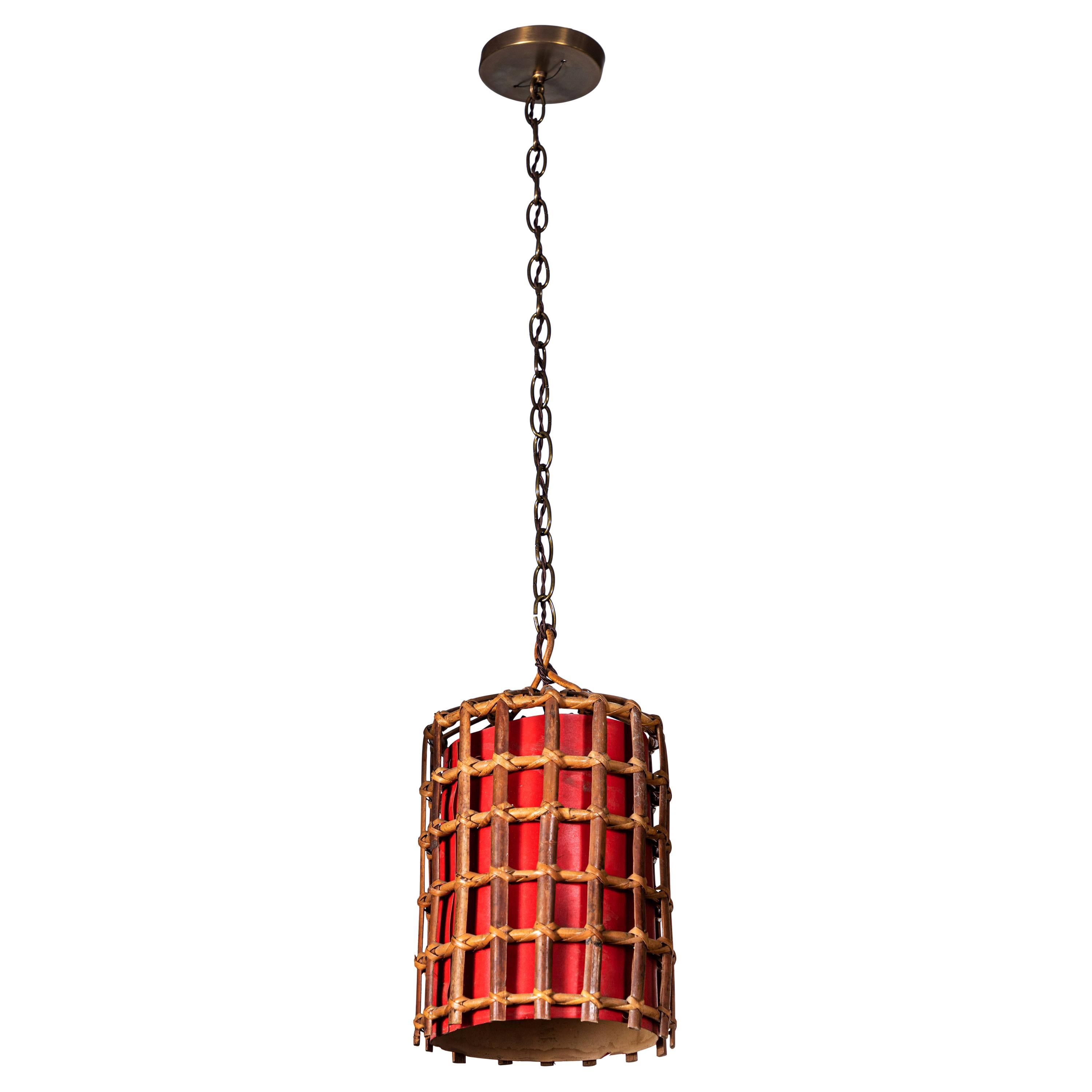 French Bamboo Lantern Pendant with Red Illuminated Paper