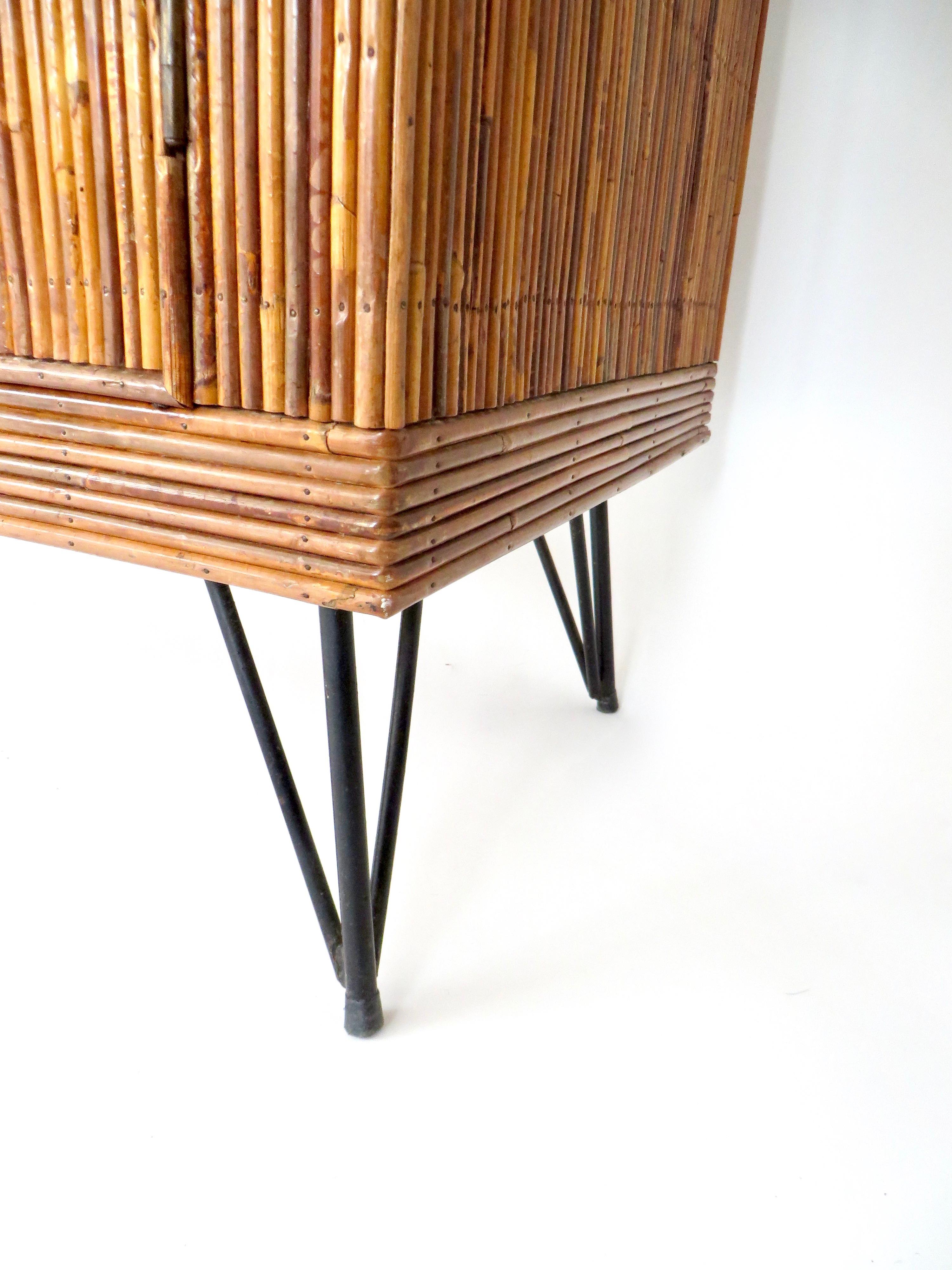 French Bamboo or Split Reed Grass Cloth Topped Four-Door Buffet on Iron Legs 5