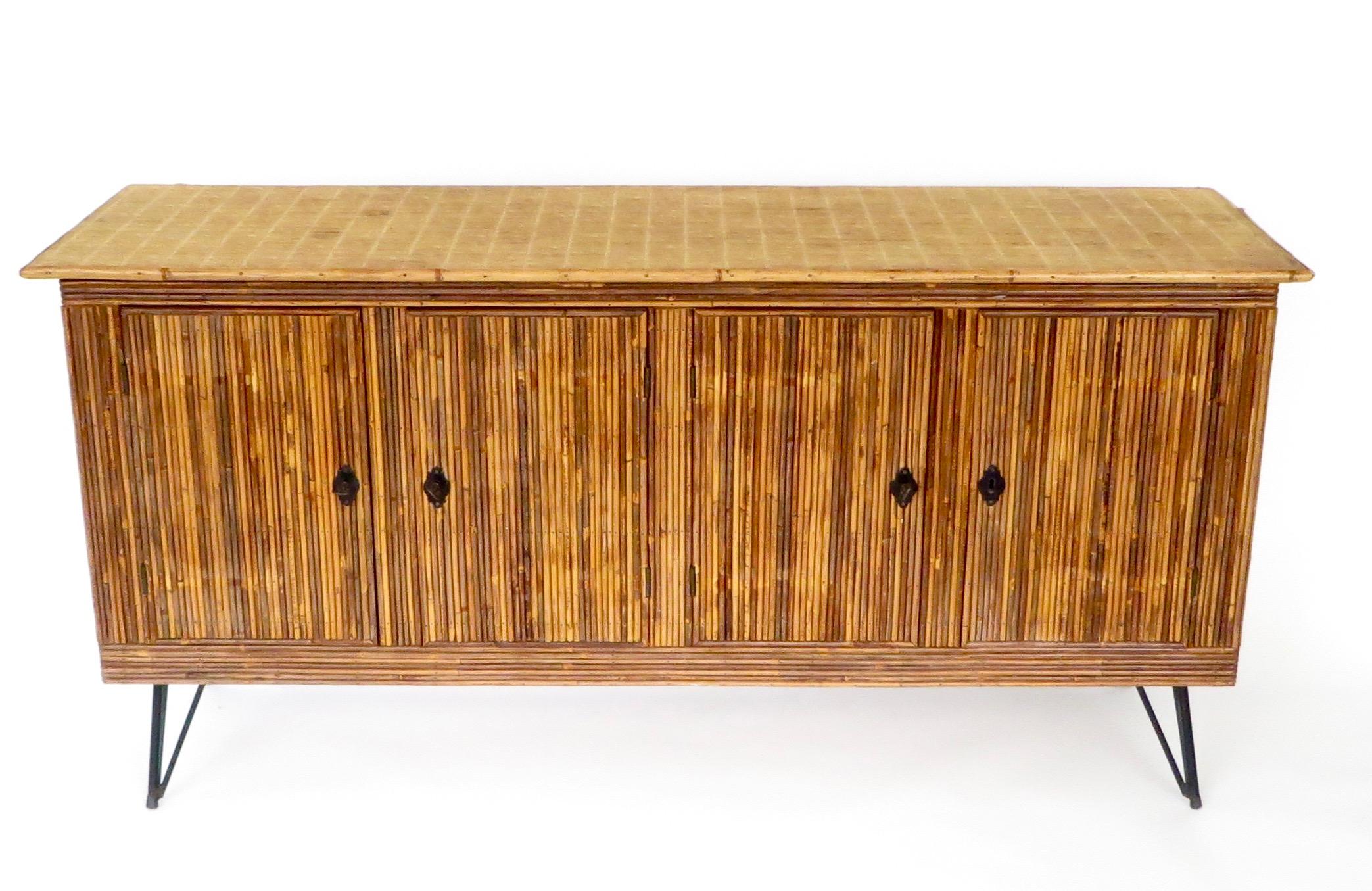 French Bamboo or Split Reed Grass Cloth Topped Four-Door Buffet on Iron  Legs at 1stDibs