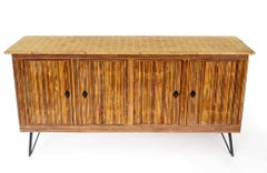 French Bamboo or Split Reed Grass Cloth Topped Four-Door Buffet on Iron Legs