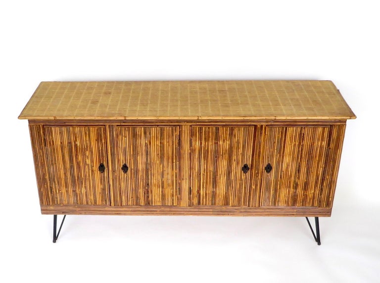 French Bamboo or Split Reed Grass Cloth Topped Four Door Buffet on Iron