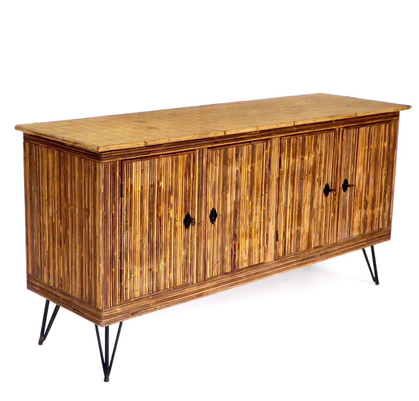 Mid-Century Modern French Bamboo or Split Reed Grass Cloth Topped Four-Door Buffet on Iron Legs