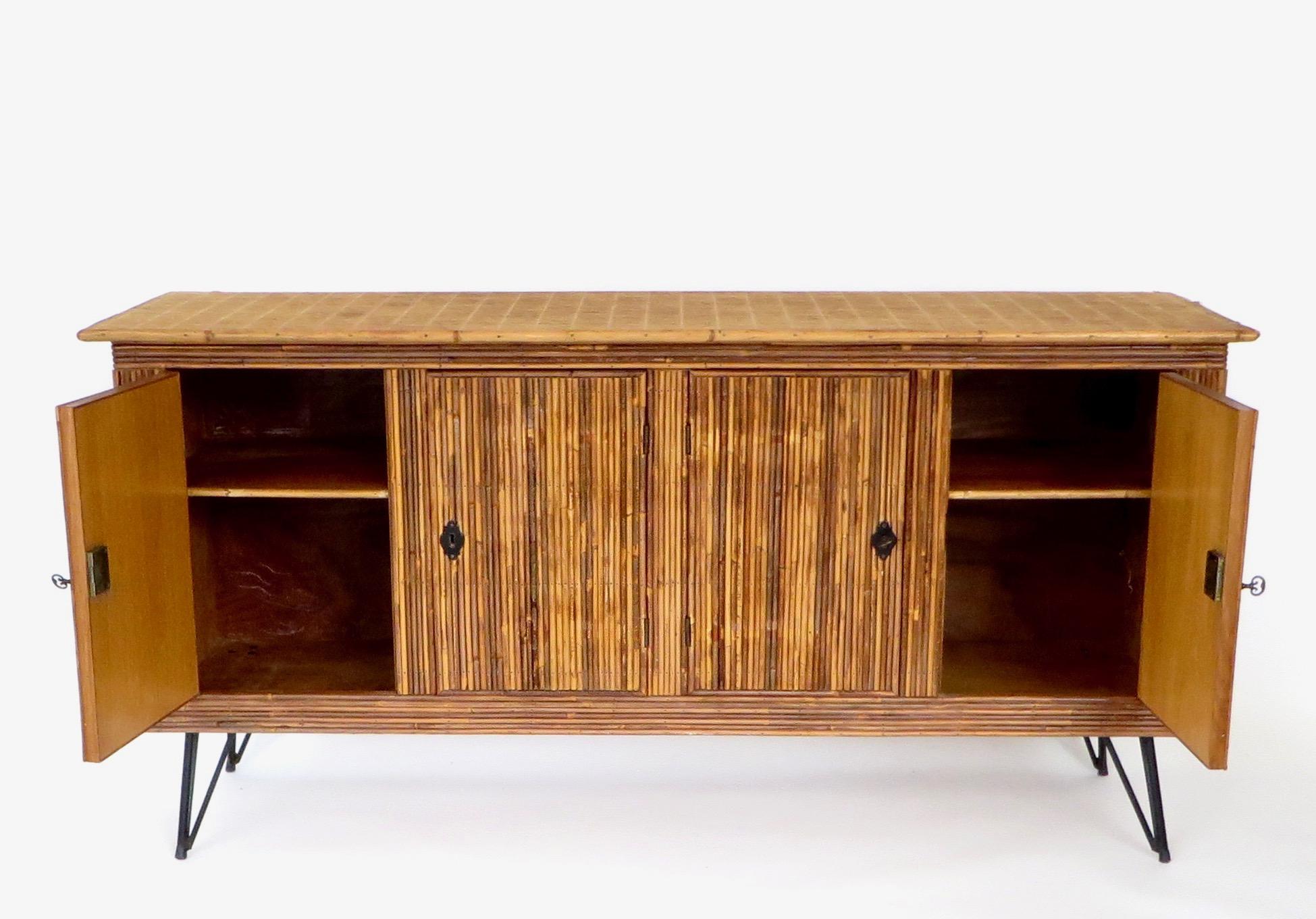 Mid-20th Century French Bamboo or Split Reed Grass Cloth Topped Four-Door Buffet on Iron Legs