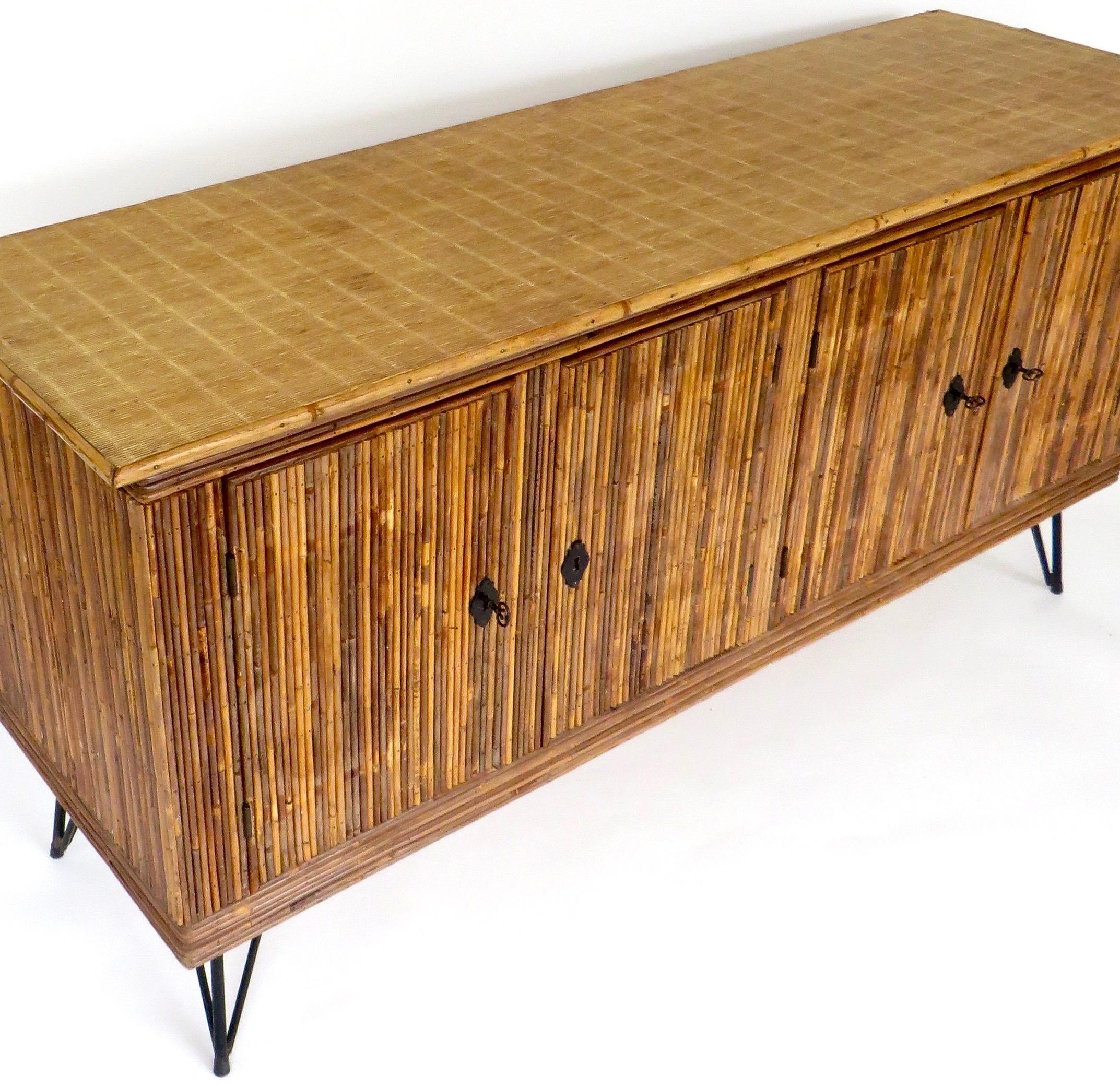 French Bamboo or Split Reed Grass Cloth Topped Four-Door Buffet on Iron Legs 3