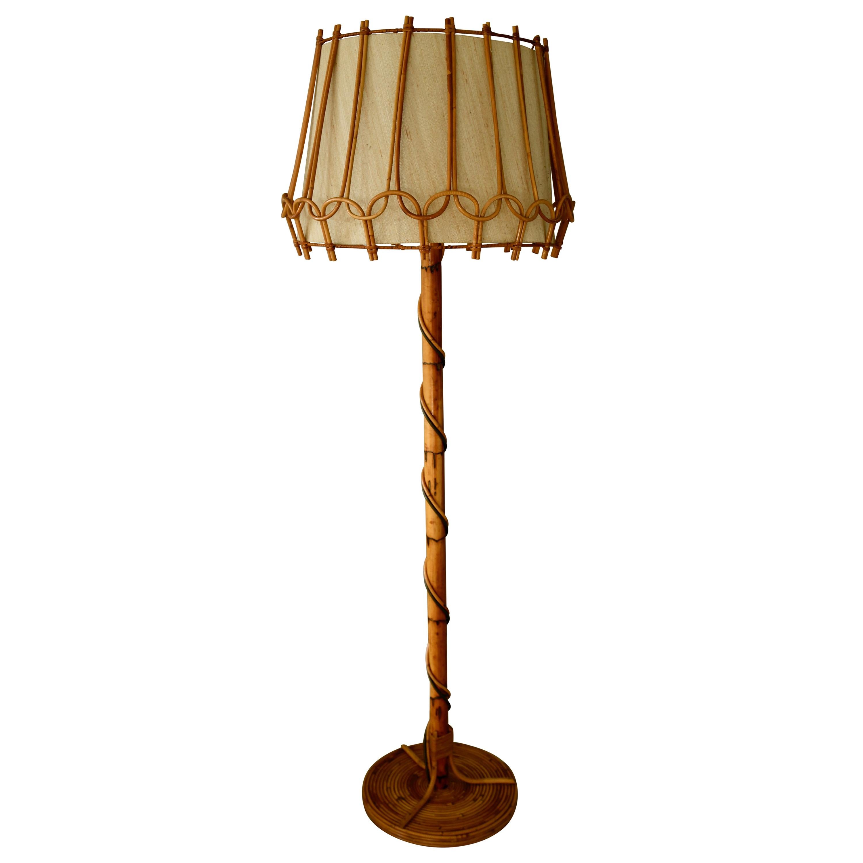 French Bamboo Pencil Reed Mid century Floor Lamp Attributed to Louis Sognot