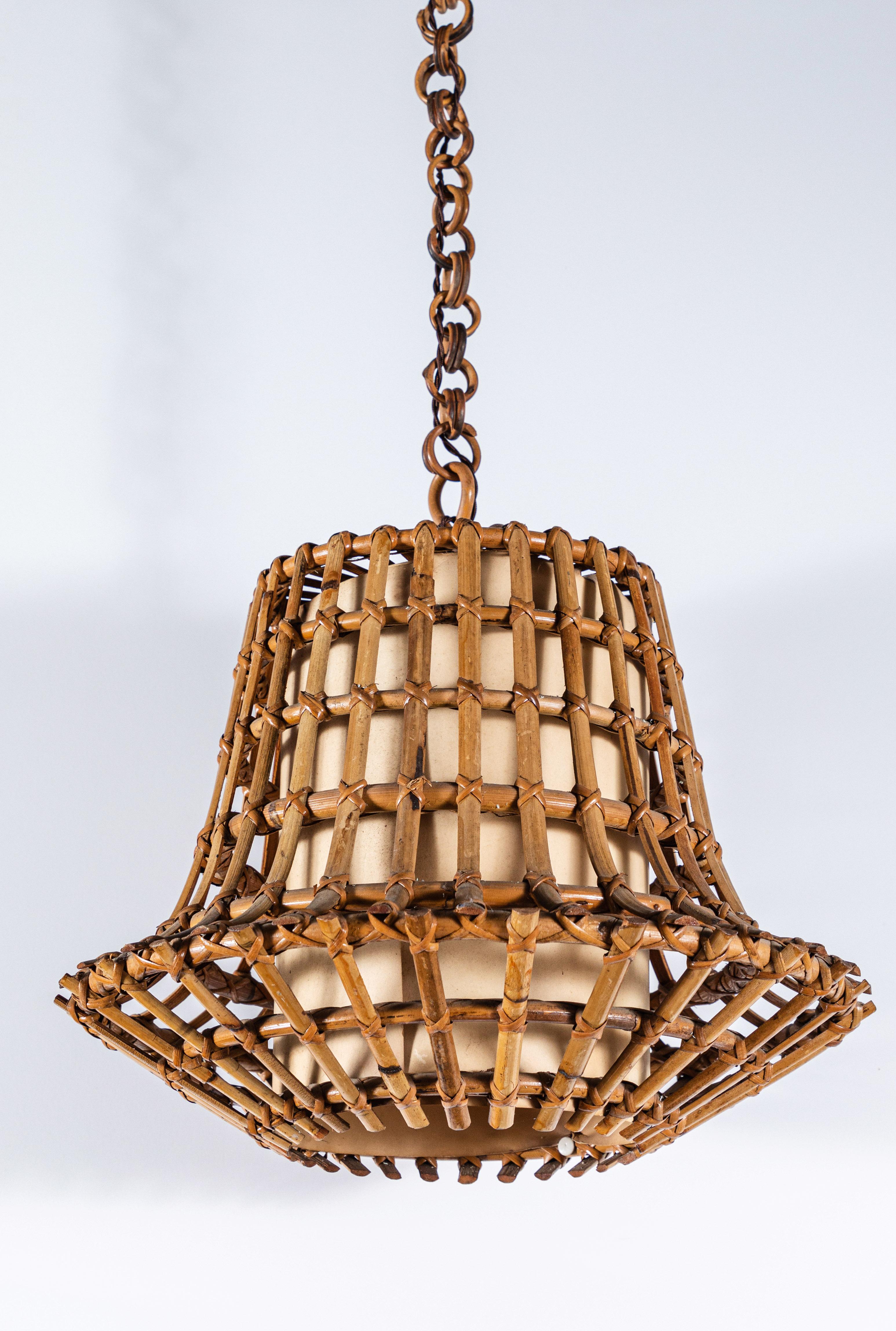 French Bamboo Pendant with Cream Illuminated Paper In Good Condition In Los Angeles, CA