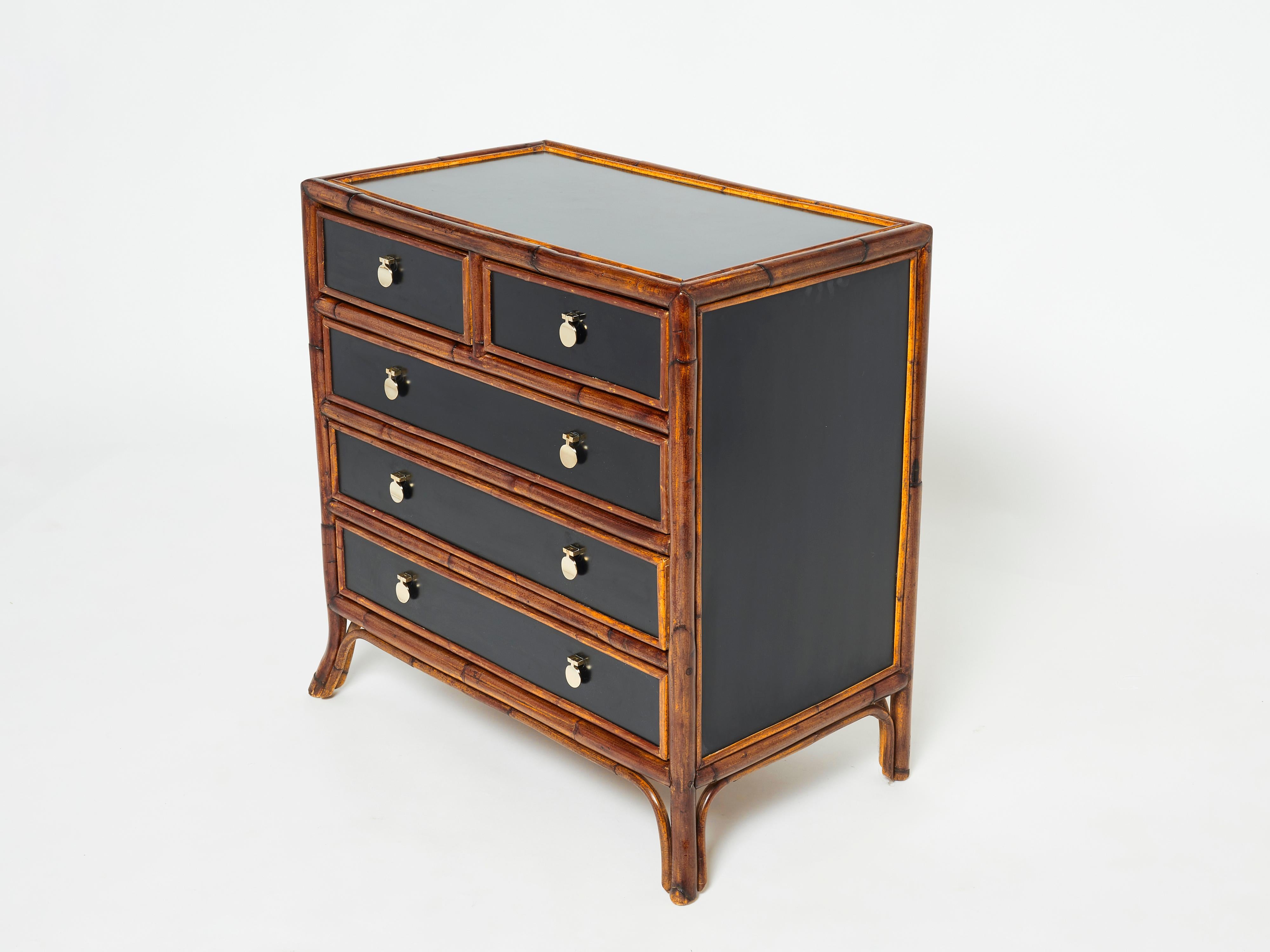 French Bamboo Rattan and Brass Chest of Drawers 1970s 2
