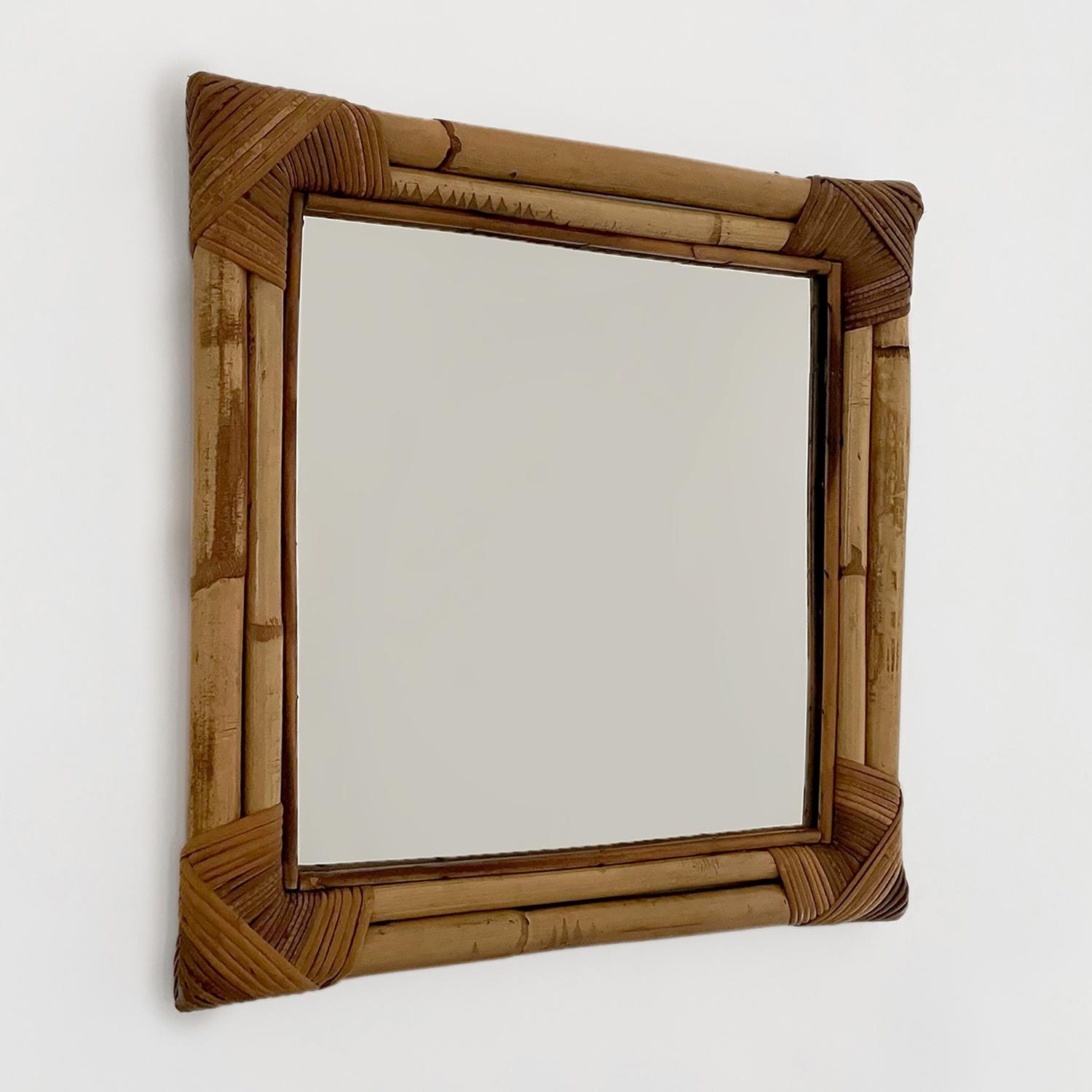 French bamboo & rattan square mirror
France, circa 1970’s
Bamboo framed mirror with woven rattan corners
Organic composition & feel
Naturally occurring patterns and color variations throughout
Original mirror may have light markings
Patina from age