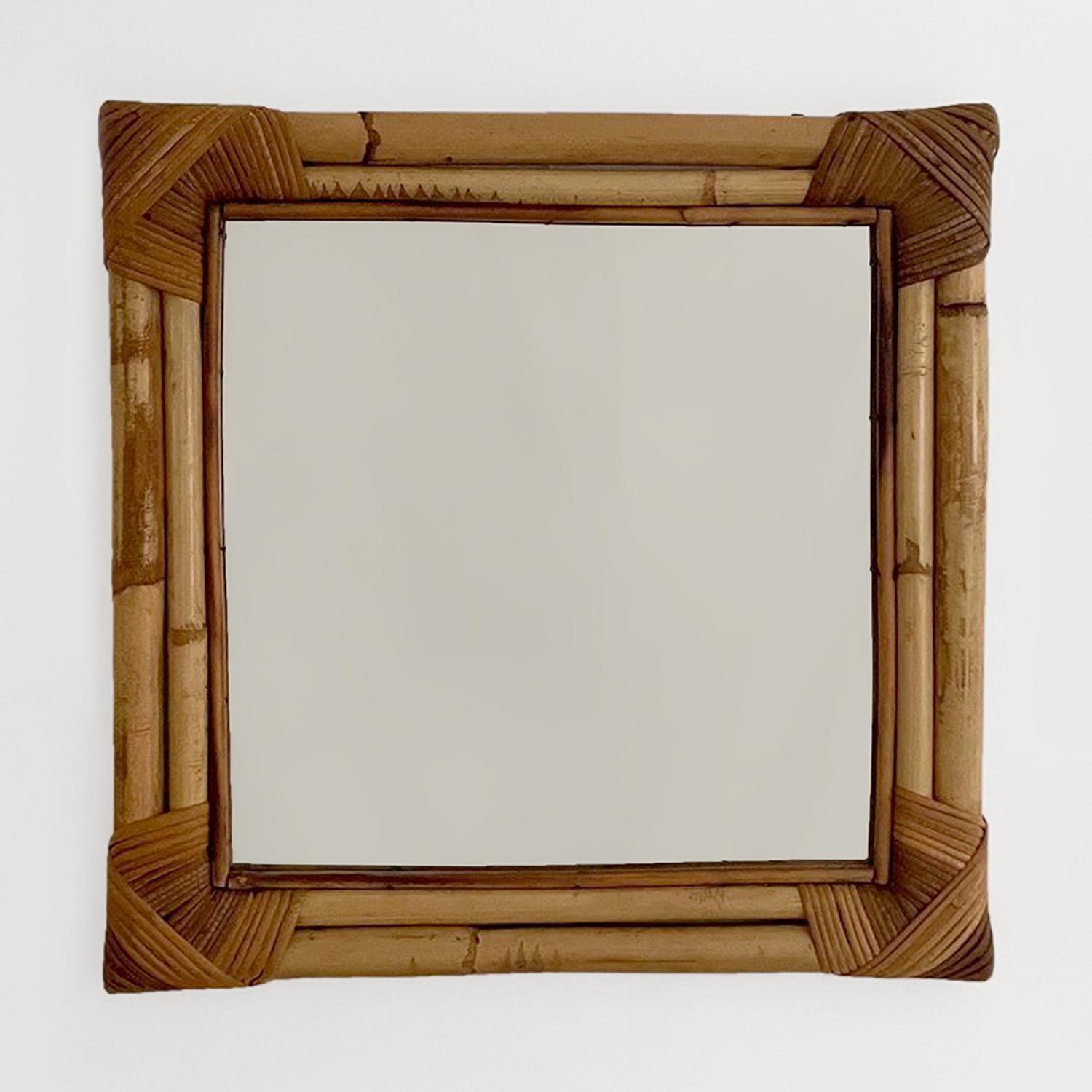 French Bamboo & Rattan Square Wall Mirror For Sale 5