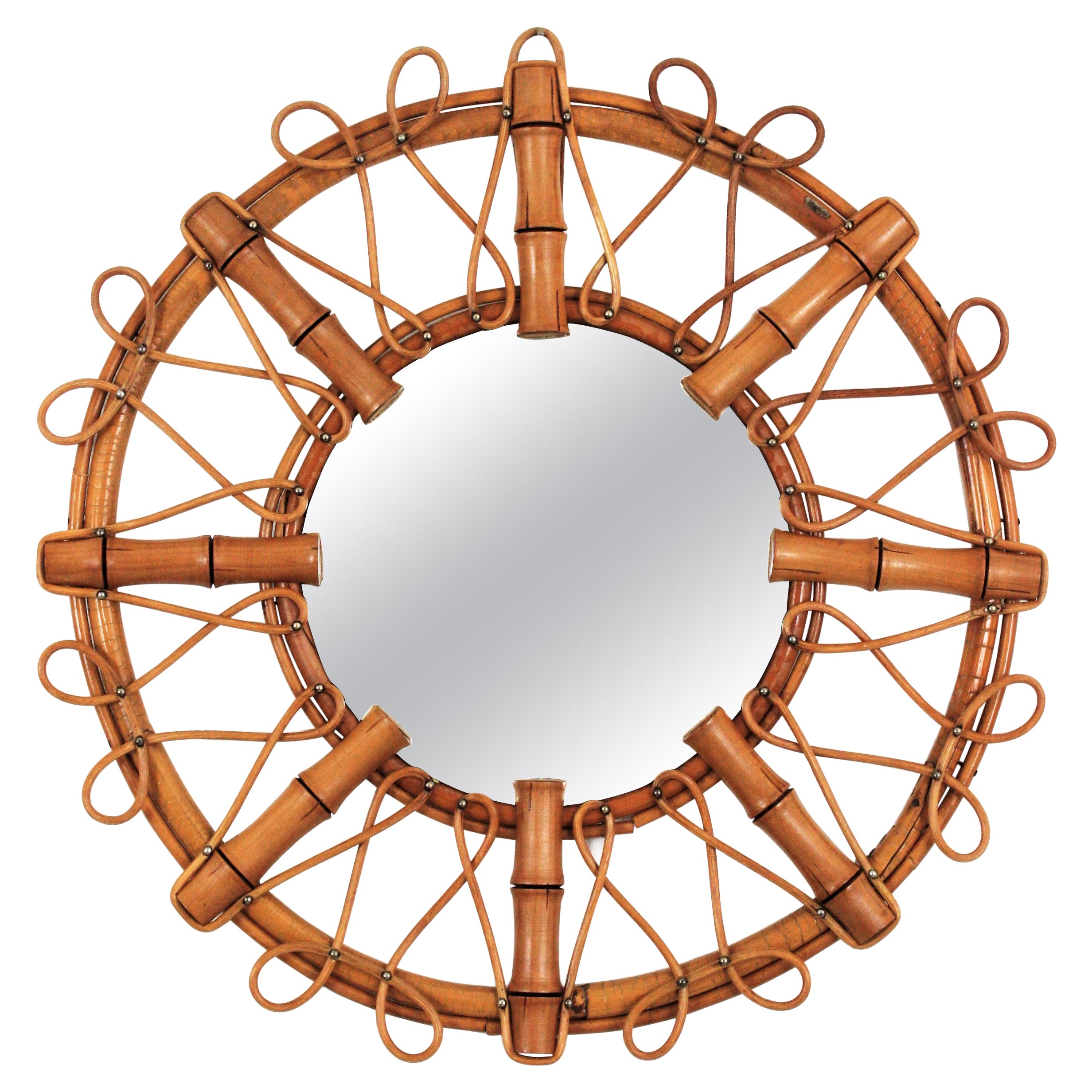French Bamboo Rattan Sunburst Mirror, 1960s