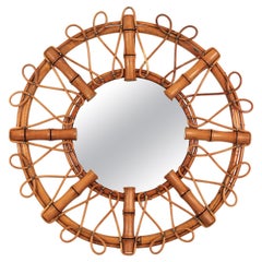 French Bamboo Rattan Sunburst Mirror, 1960s