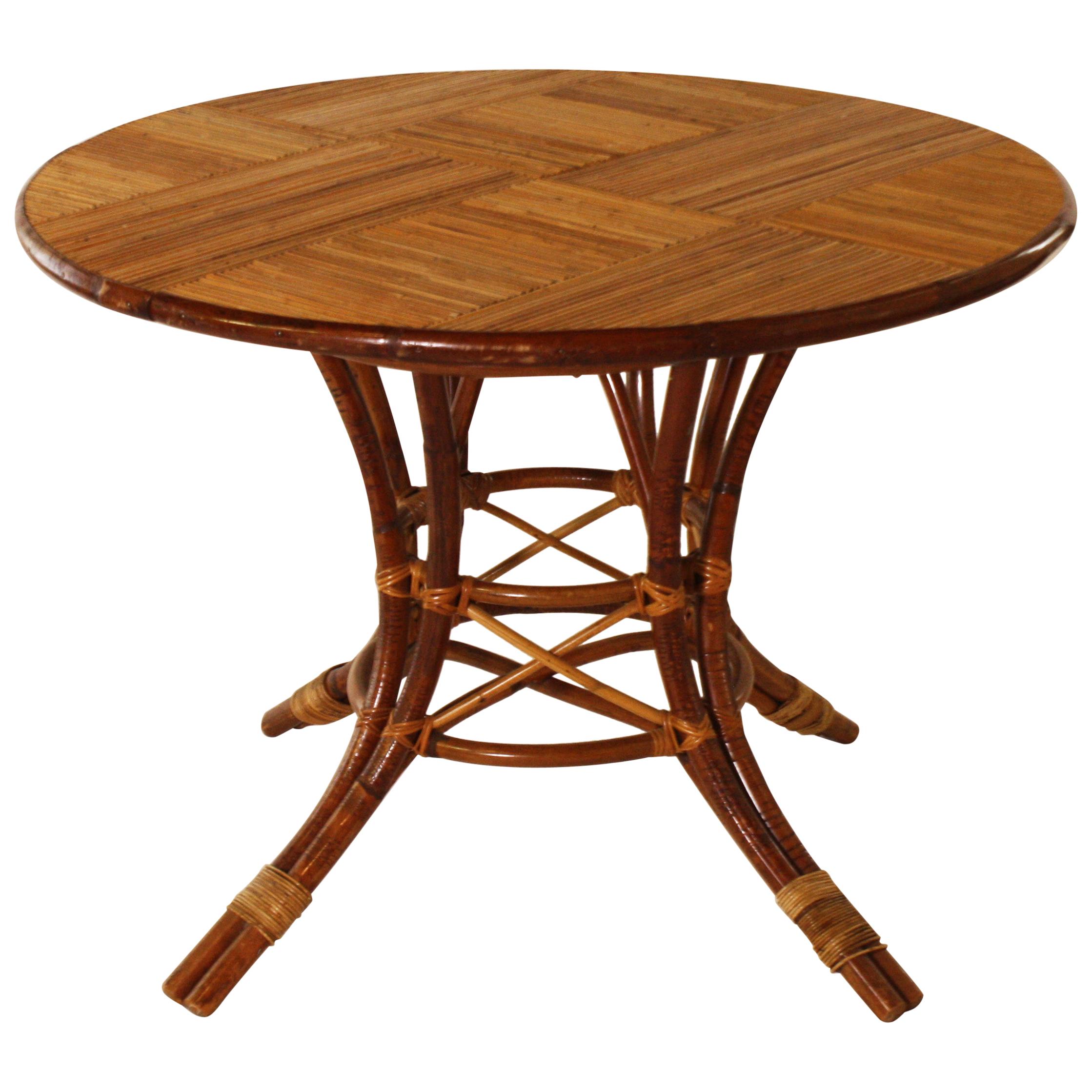 French Bamboo Round Table with Leaf, circa 1960