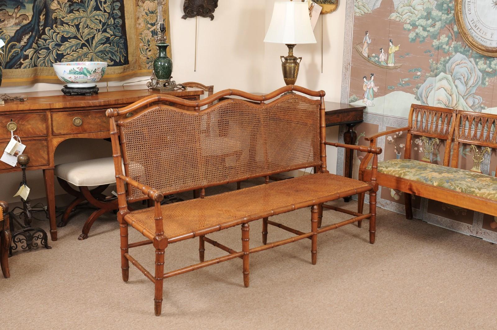 Turned French Bamboo Style Beechwood Caned Bench, circa 1880
