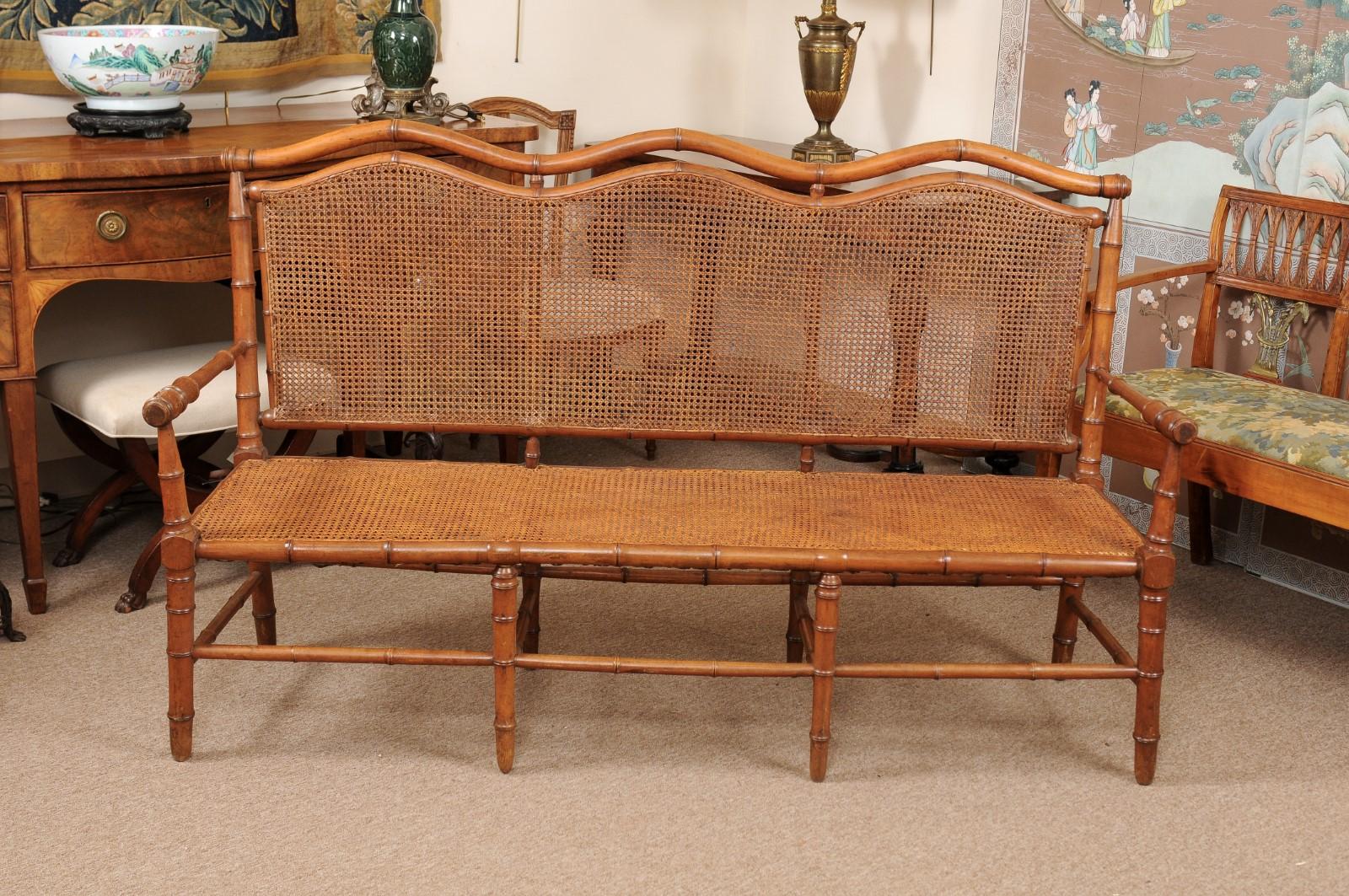19th Century French Bamboo Style Beechwood Caned Bench, circa 1880