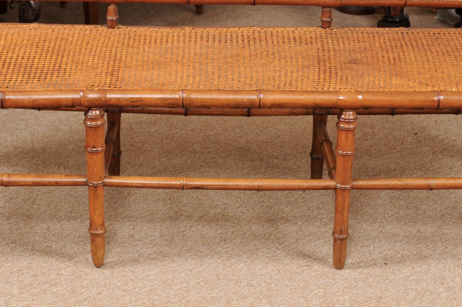 French Bamboo Style Beechwood Caned Bench, circa 1880 1