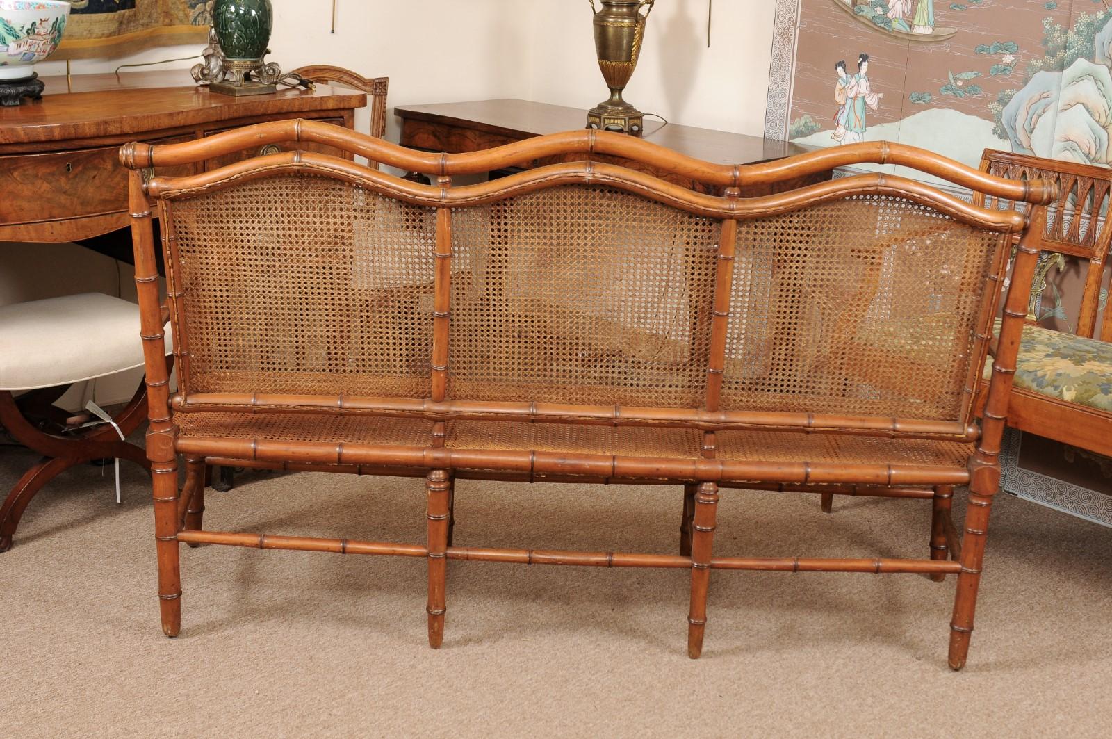 French Bamboo Style Beechwood Caned Bench, circa 1880 4
