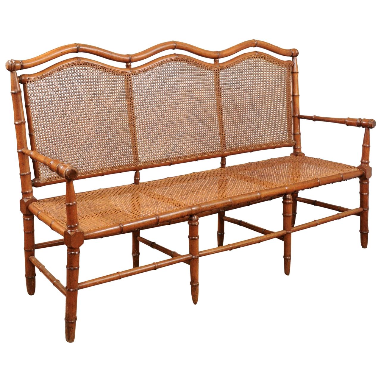 French Bamboo Style Beechwood Caned Bench, circa 1880