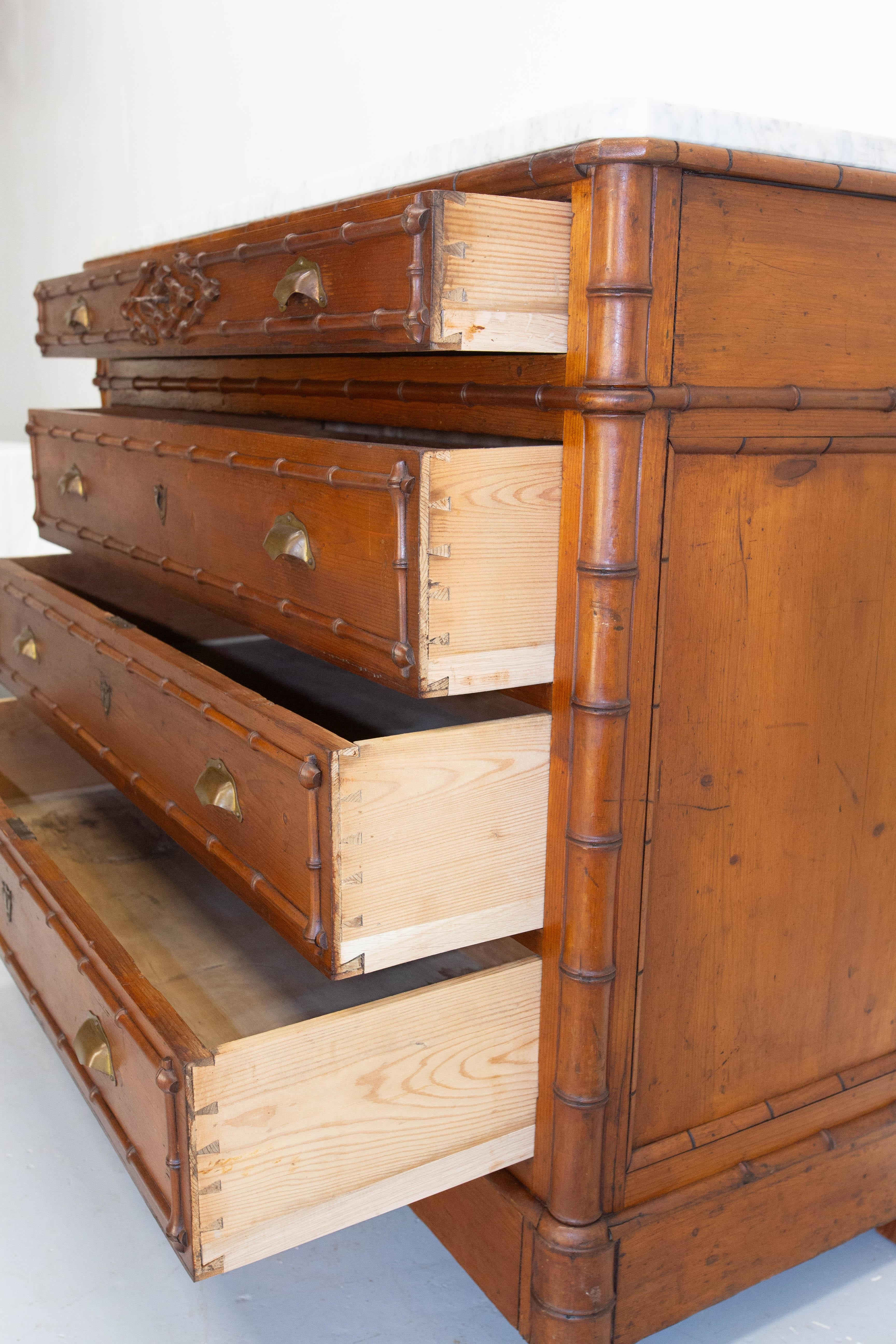 French bamboo-style chest of drawers with white marble top 5