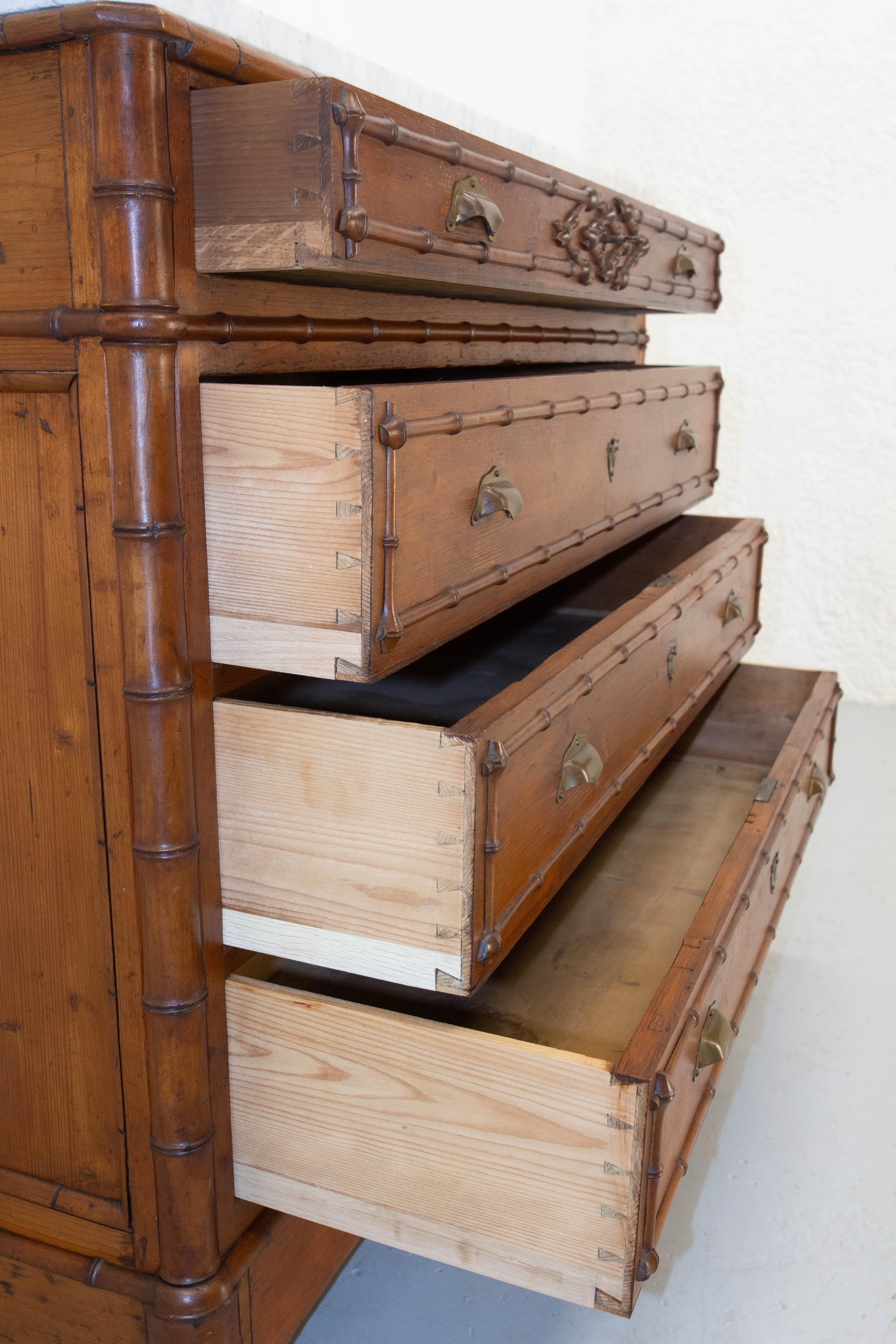 French bamboo-style chest of drawers with white marble top 6