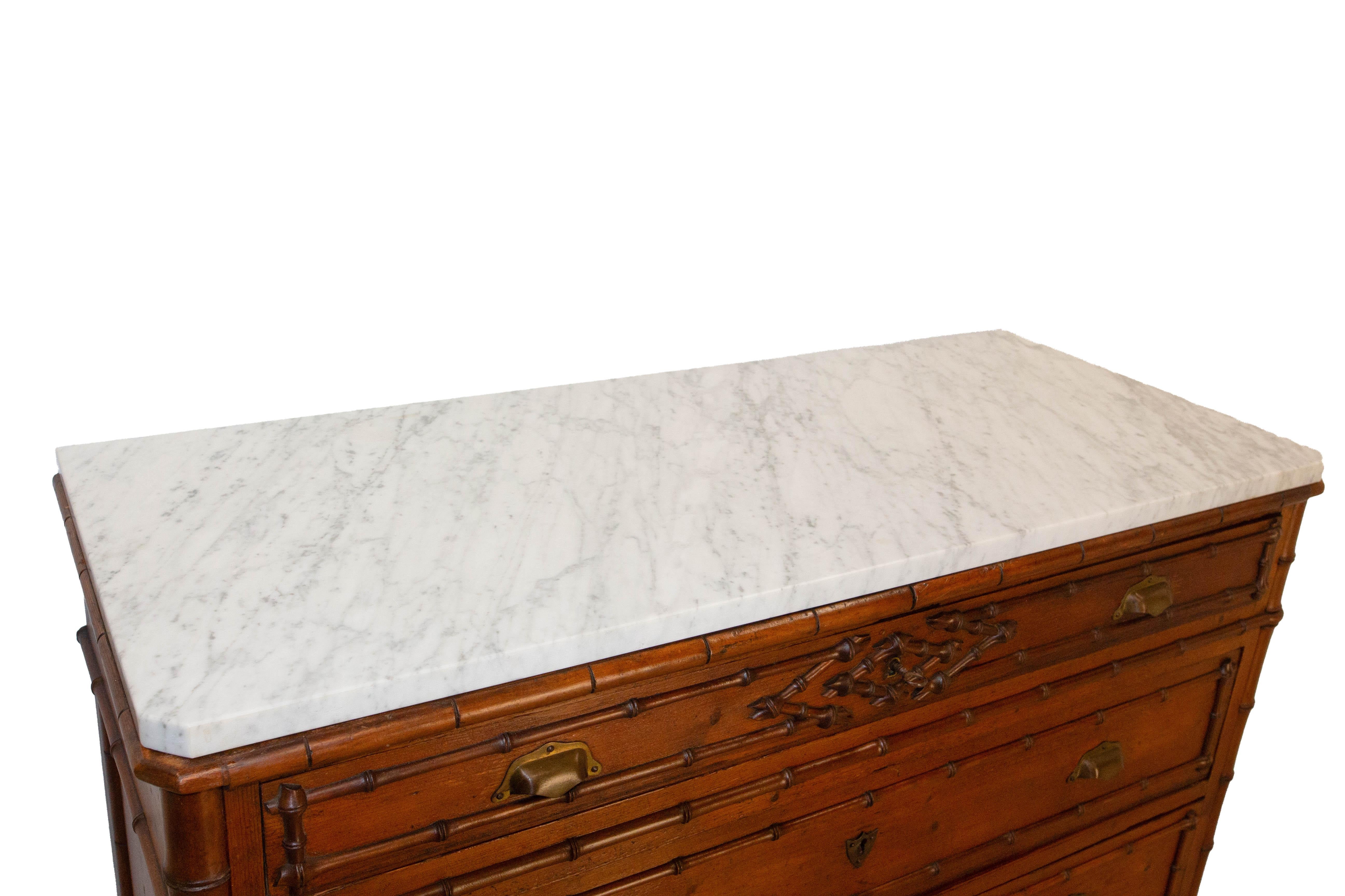 Late 19th Century French bamboo-style chest of drawers with white marble top