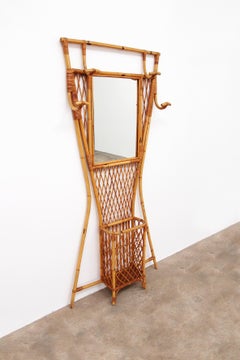French Bamboo Wall Coat Rack with Large Mirror, 1960
