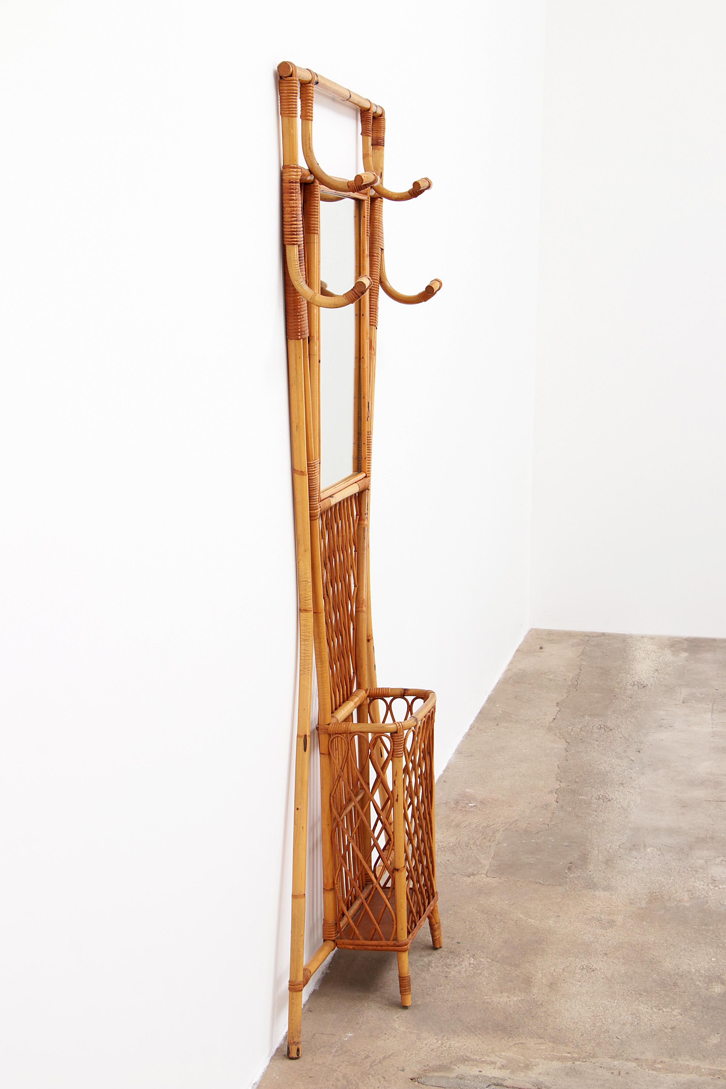 Mid-20th Century French Bamboo Wall Coat Rack with Large Mirror, 1960 For Sale