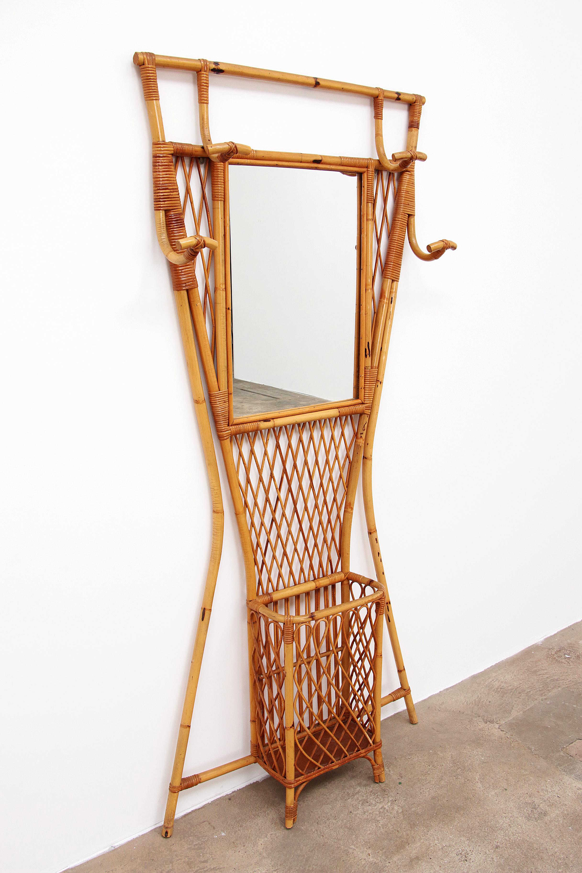 French Bamboo Wall Coat Rack with Large Mirror, 1960 For Sale 1