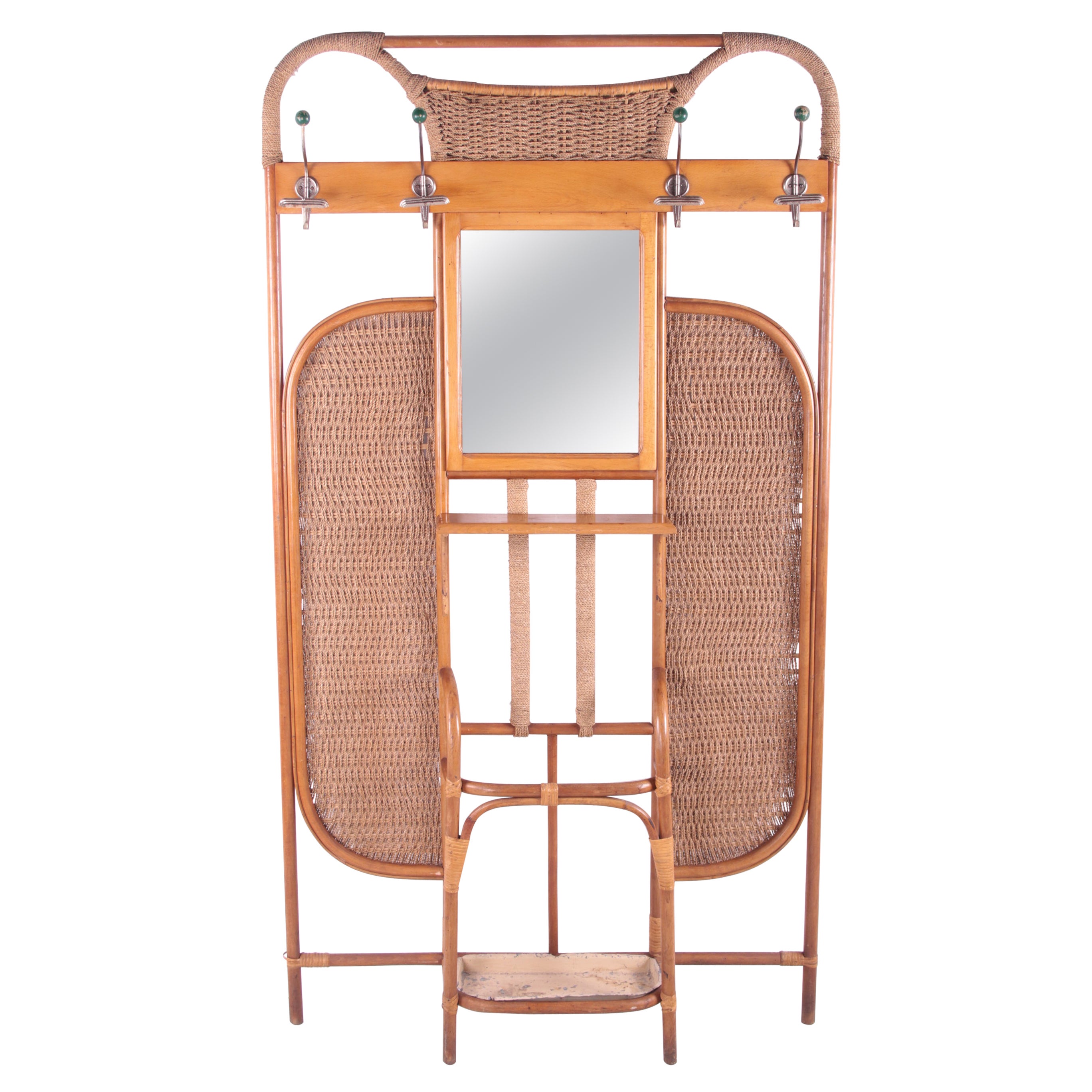 French Bamboo Wall Wardrobe with Coat Rack and Mirror, 1960s