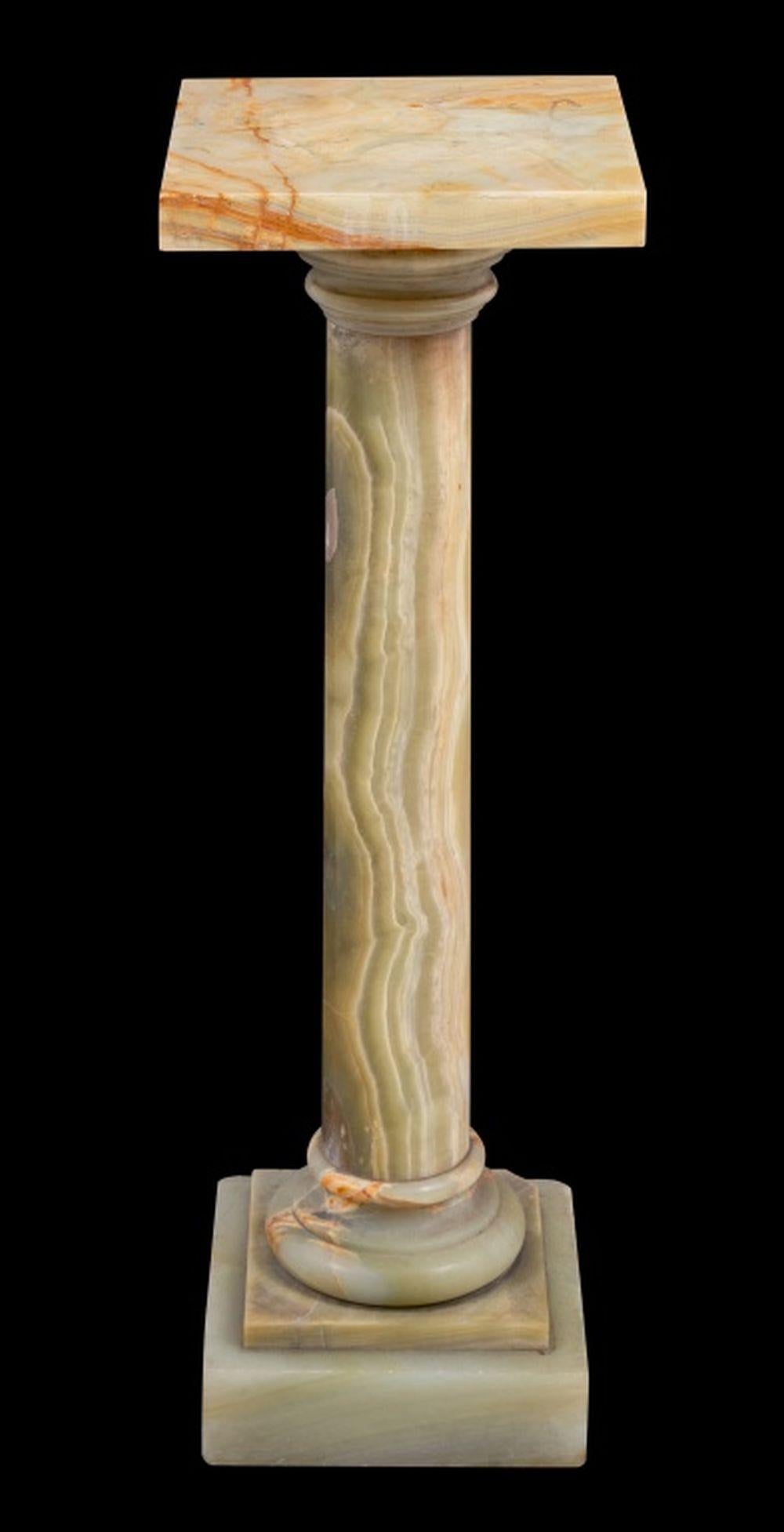 French Banded Green Onyx Pedestal, early 20th century, with square revolving clock. 34.5