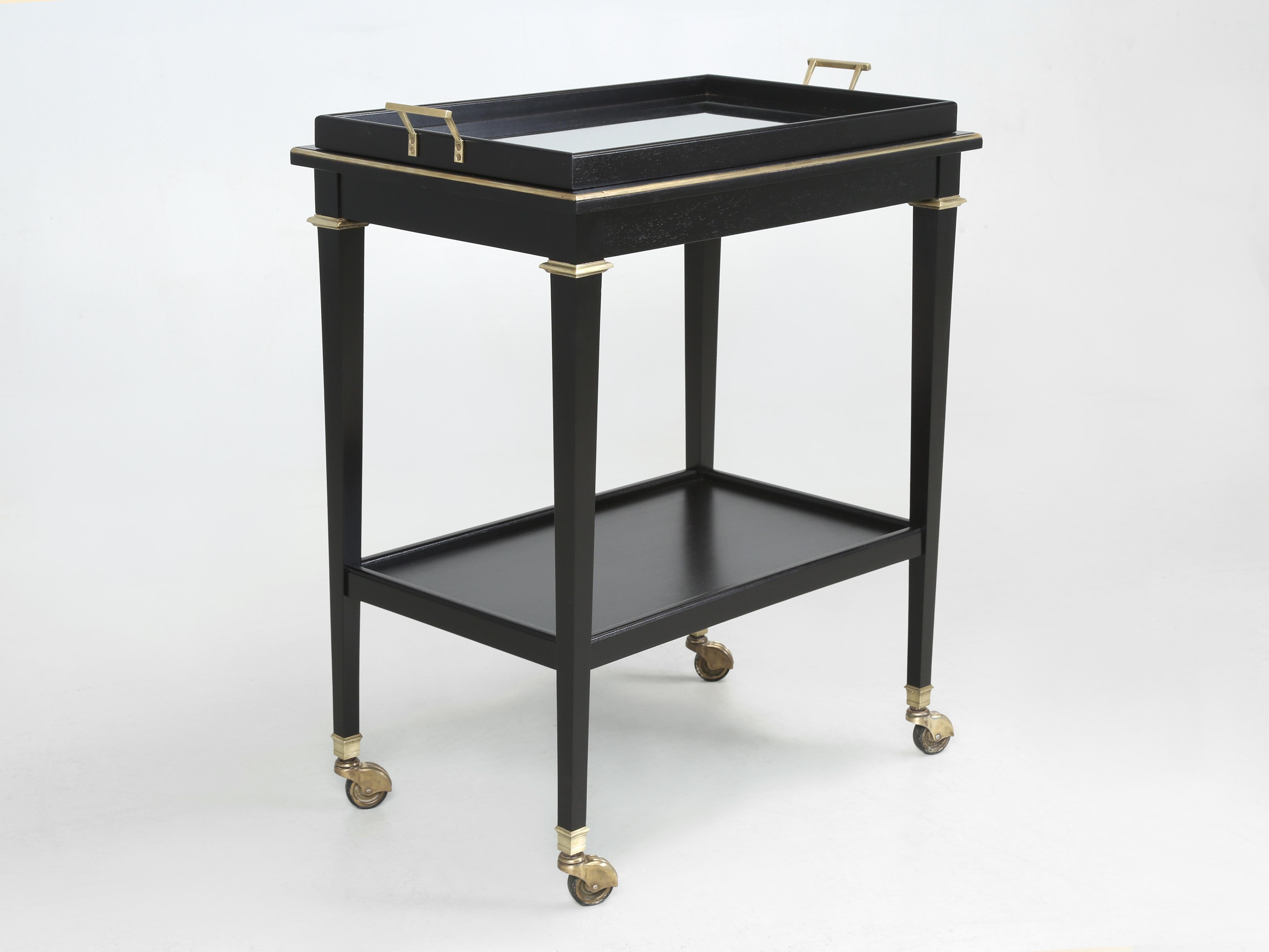 Brass French Bar Cart, Side or End Table Ebonized Mahogany Restored in Style Louis XVI