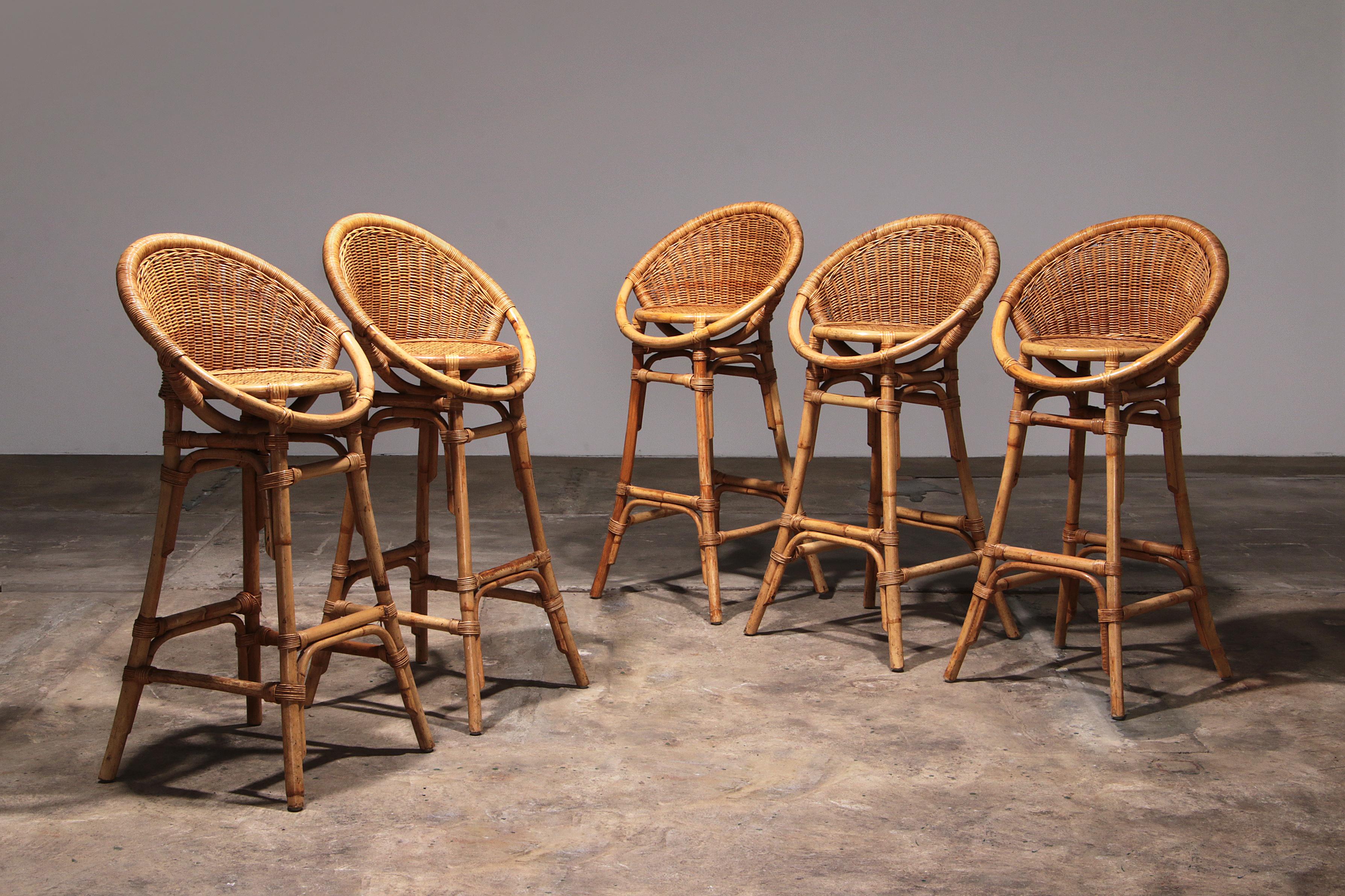 Bohemian French bar stools in bohemian style with bamboo frame, 1970 For Sale