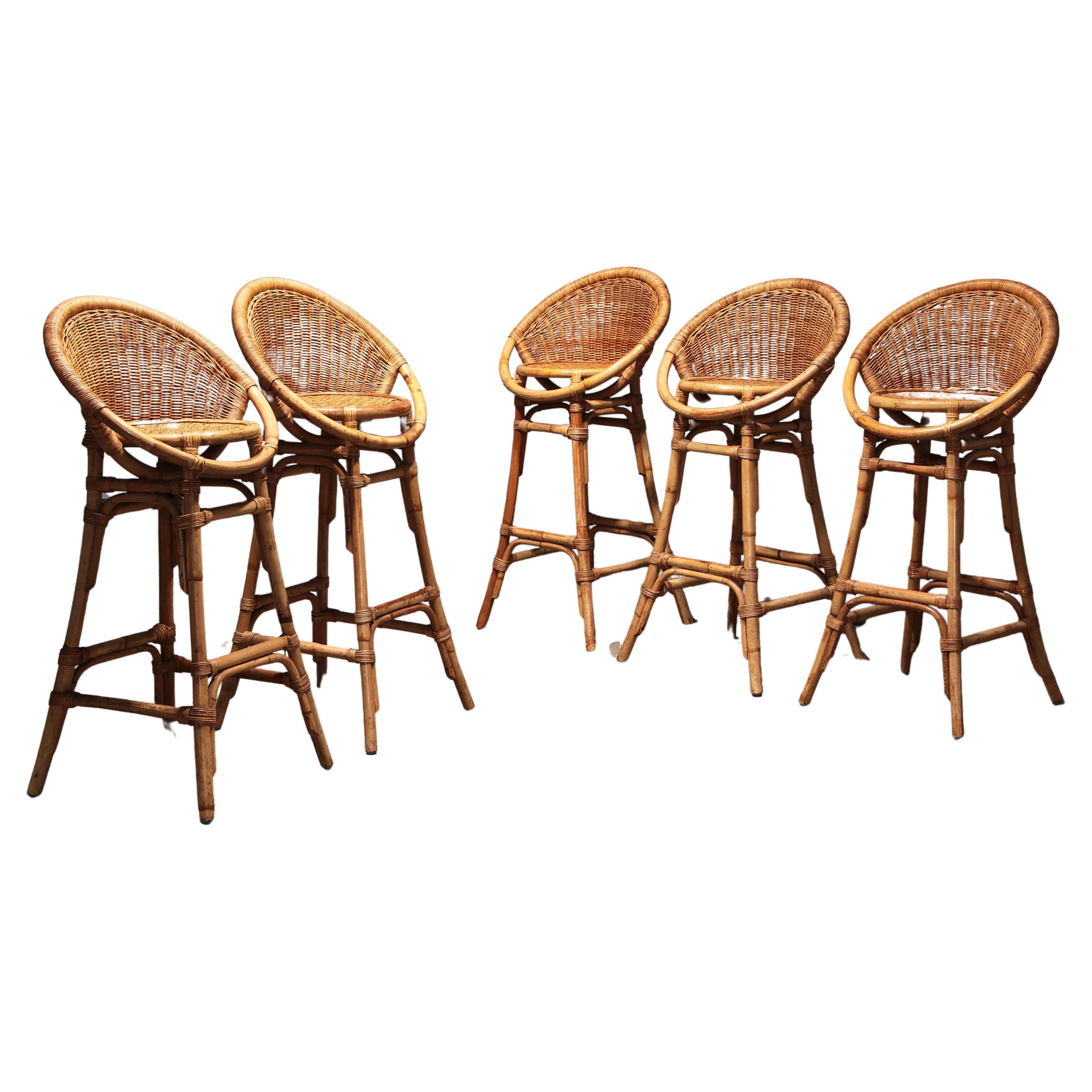 French bar stools in bohemian style with bamboo frame, 1970 For Sale