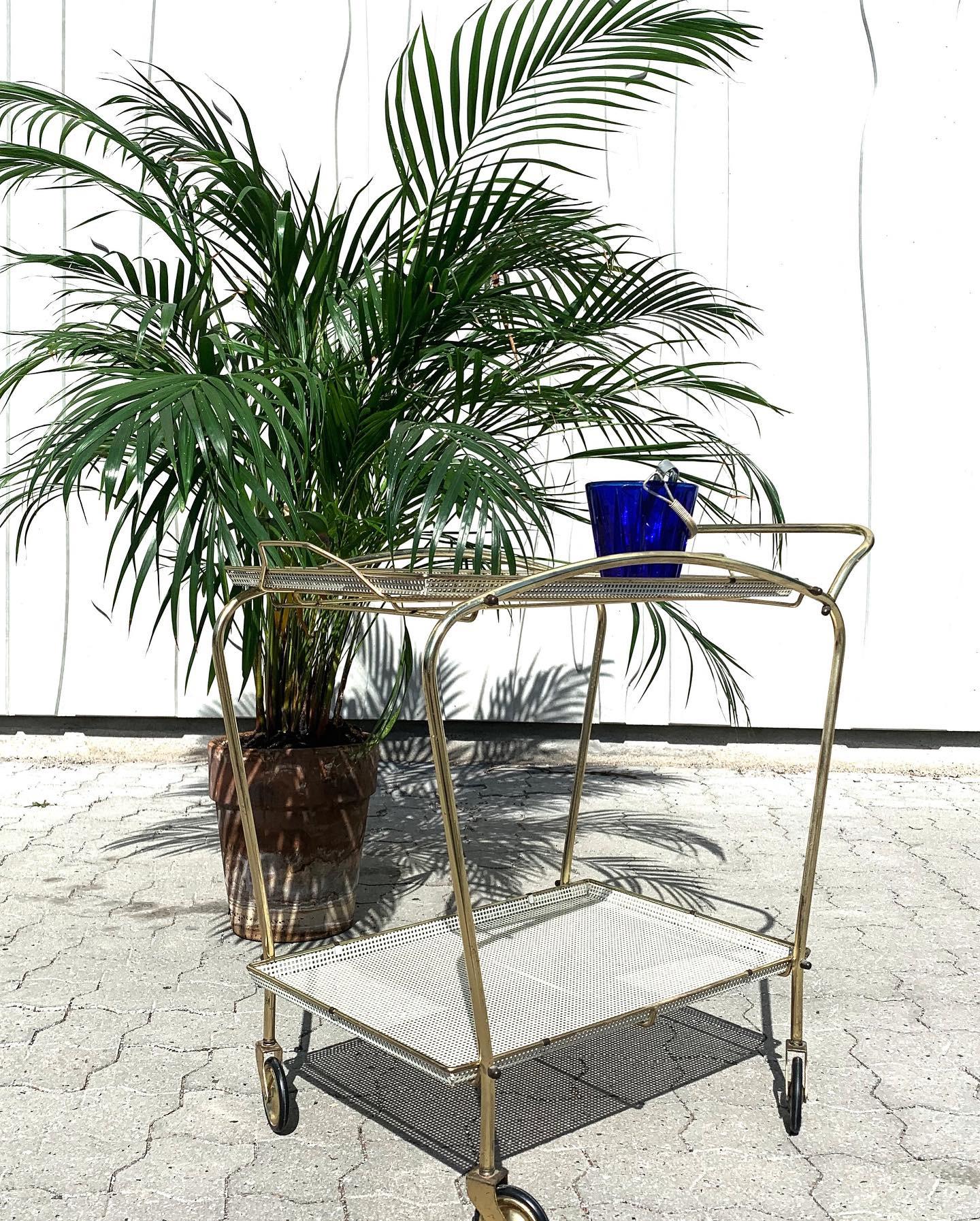 Brass French Bar Trolley Serving Tables in the Style of Mathieu Matégot, 1950s For Sale