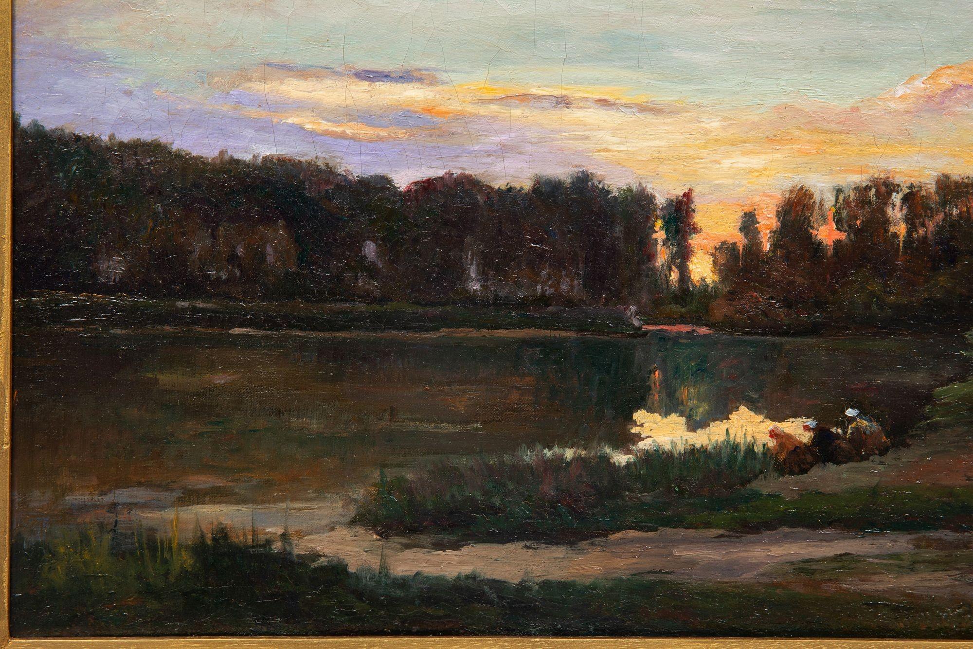 Französisches Barbizon, antikes Öl-Landschaftsgemälde, Flussbild, 19. Jahrhundert (Leinwand) im Angebot