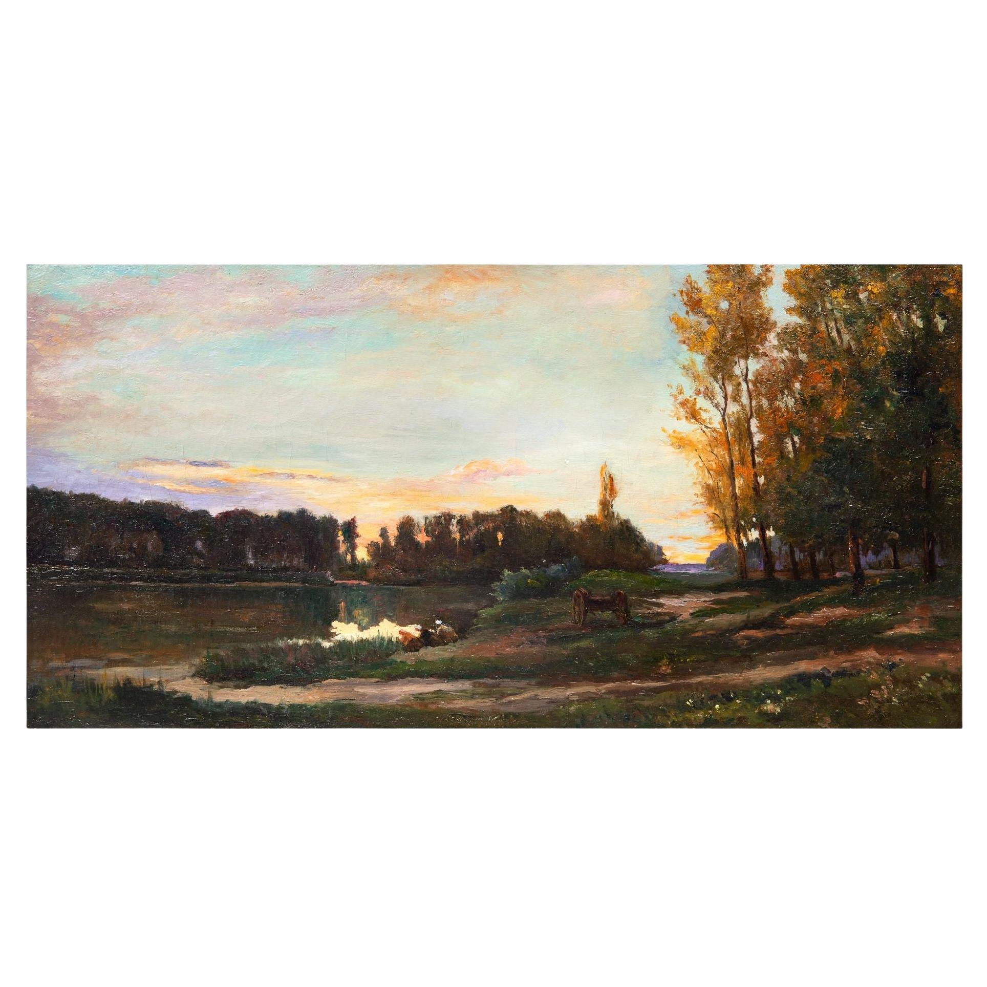 French Barbizon Antique 19th Century Oil Landcape River Painting